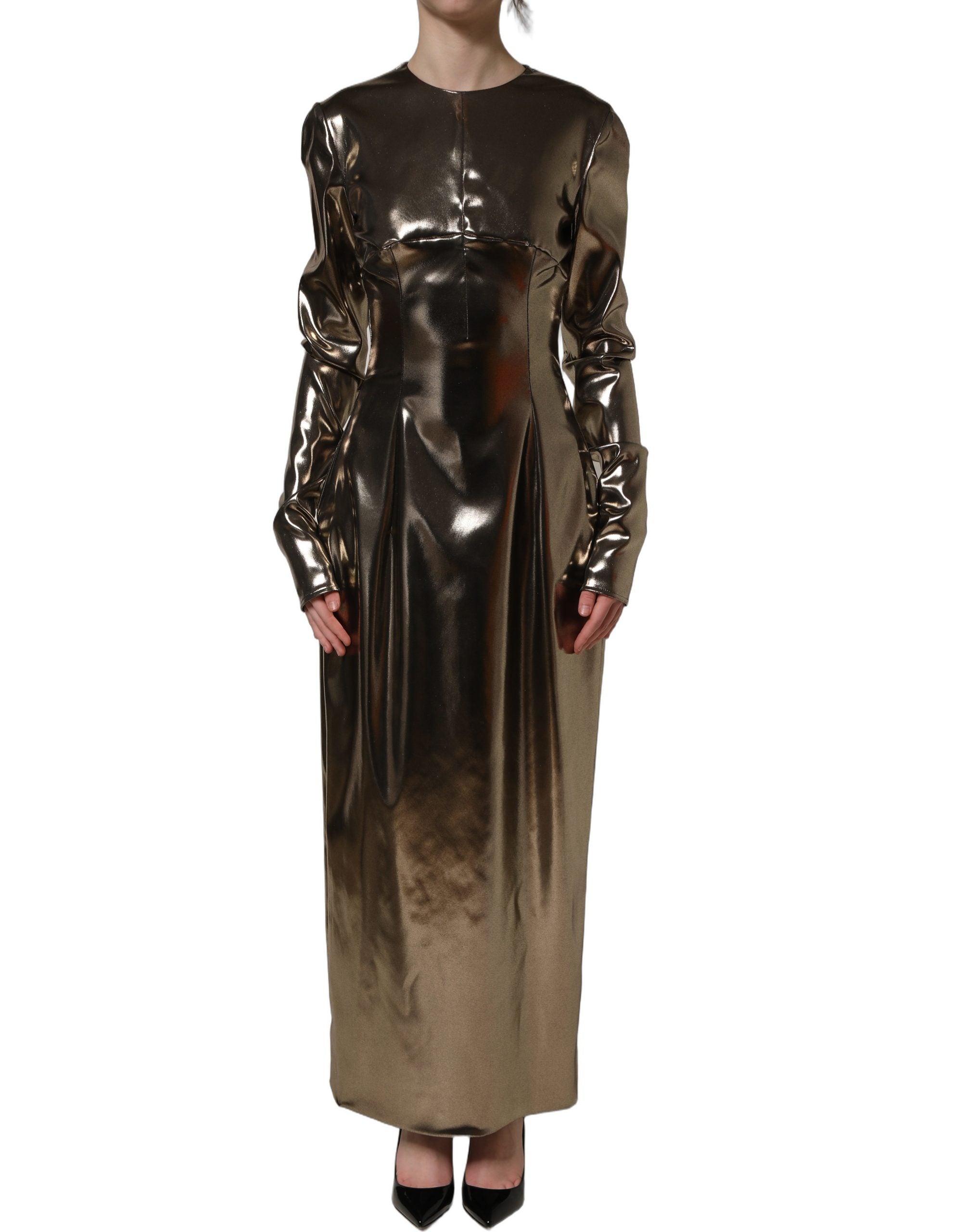 Dolce & Gabbana Metallic Gold Polyester LongSleeve Maxi Women's Dress