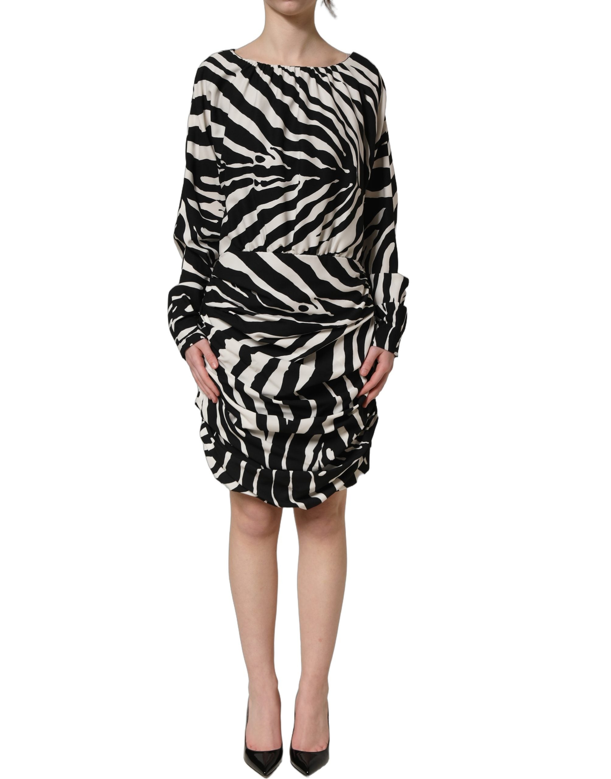 Dolce & Gabbana Black White Zebra Ruched Silk Mini Women's Dress
