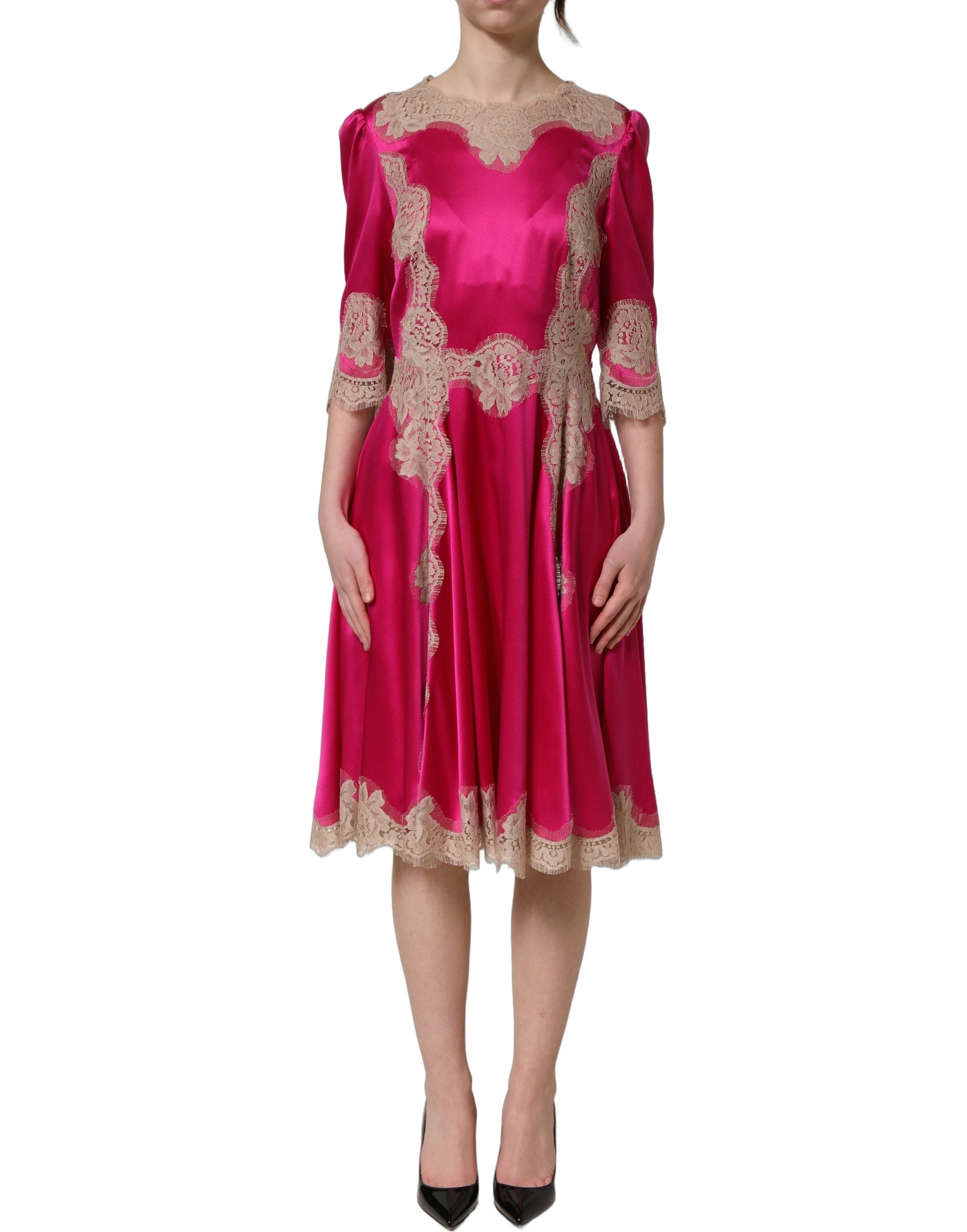 Dolce & Gabbana Fuchsia Pink Lace Detail A-line Midi Women's Dress