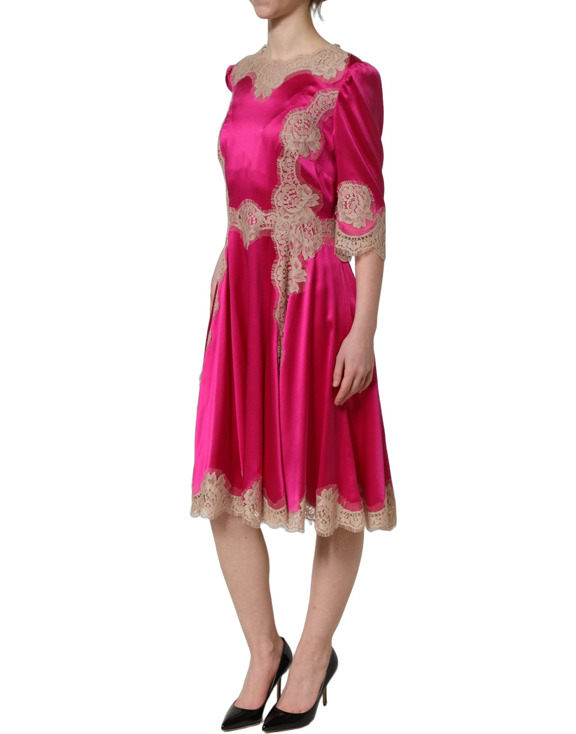 Dolce & Gabbana Fuchsia Pink Lace Detail A-line Midi Women's Dress