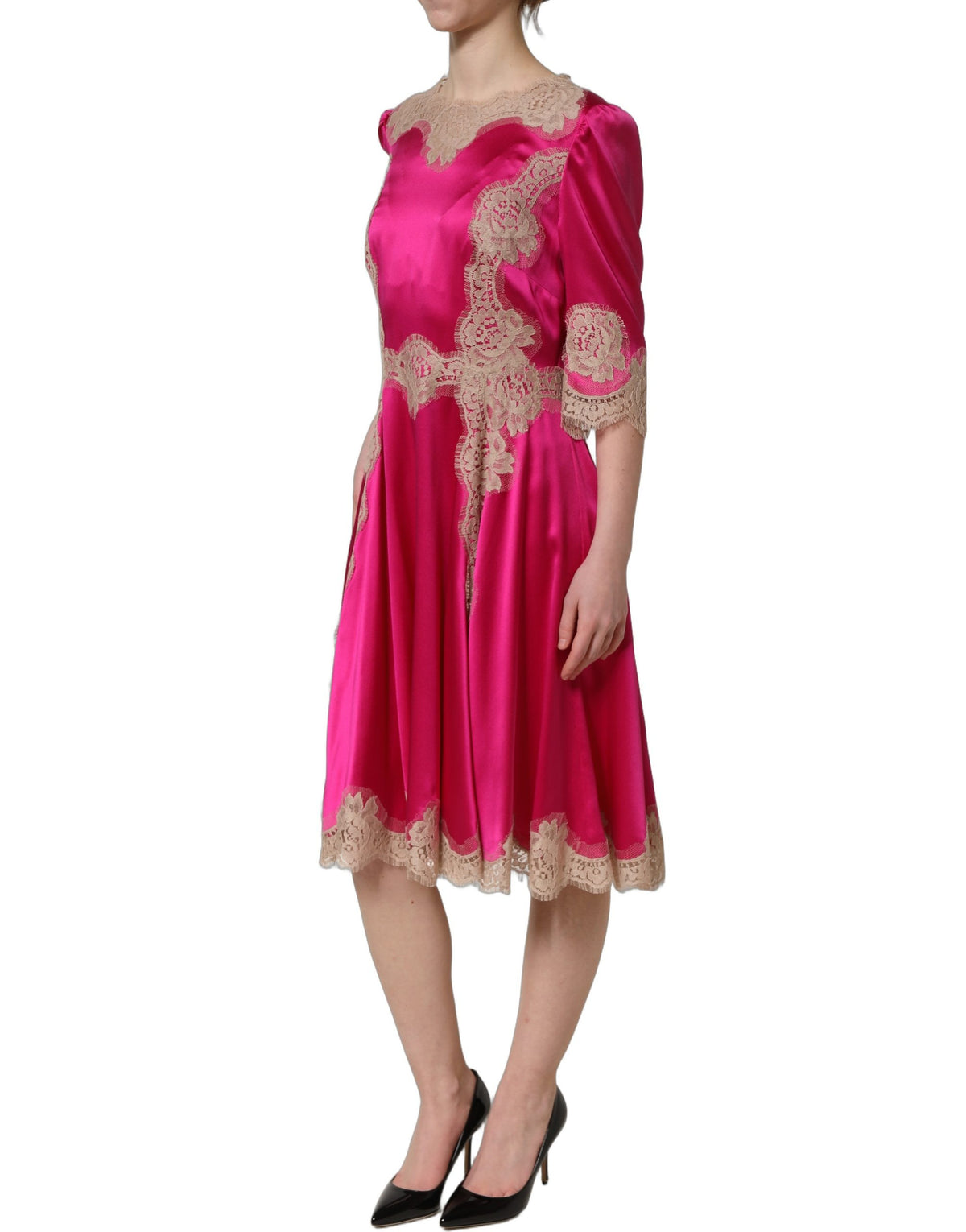 Dolce & Gabbana Fuchsia Pink Lace Detail A-line Midi Women's Dress