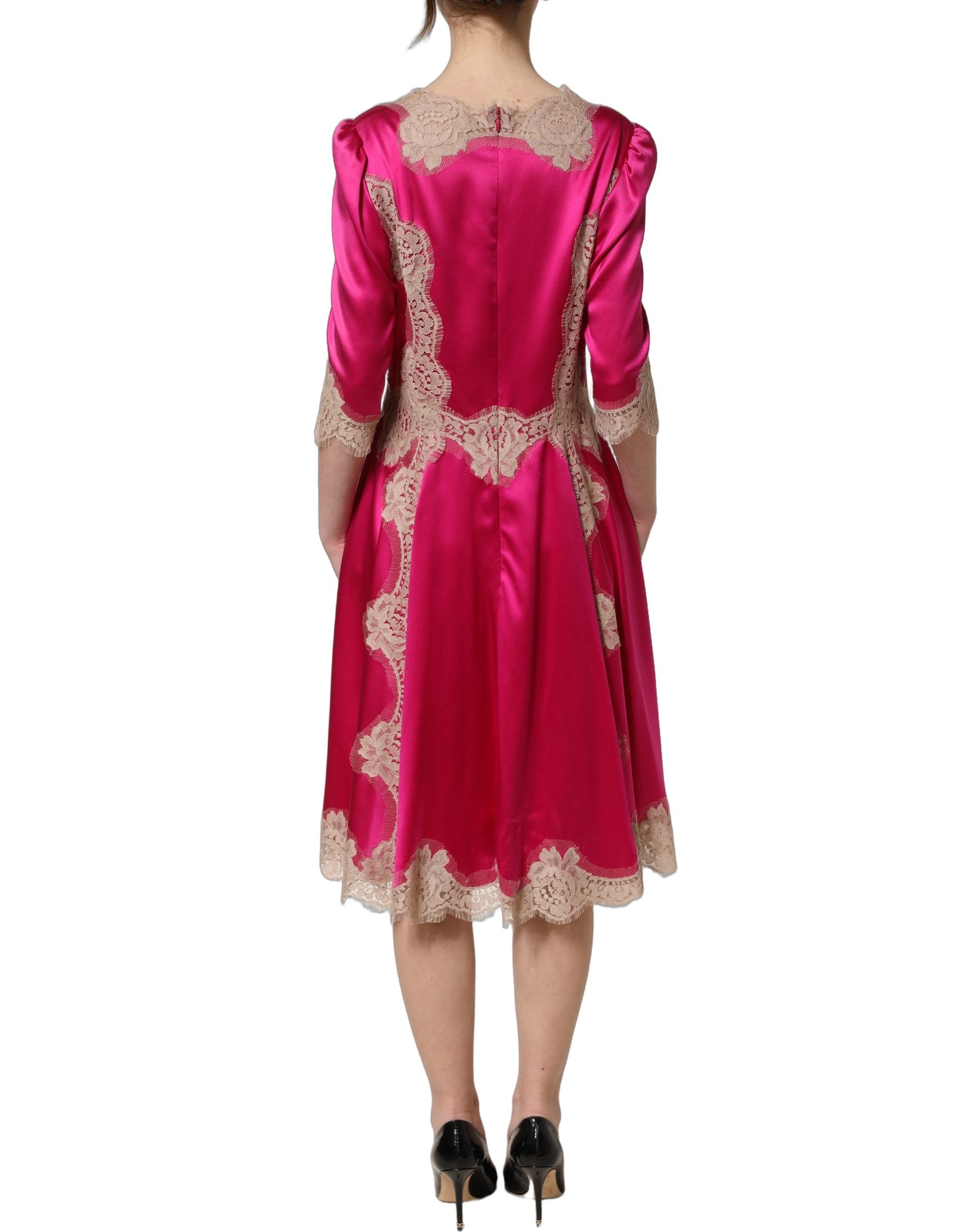 Dolce & Gabbana Fuchsia Pink Lace Detail A-line Midi Women's Dress