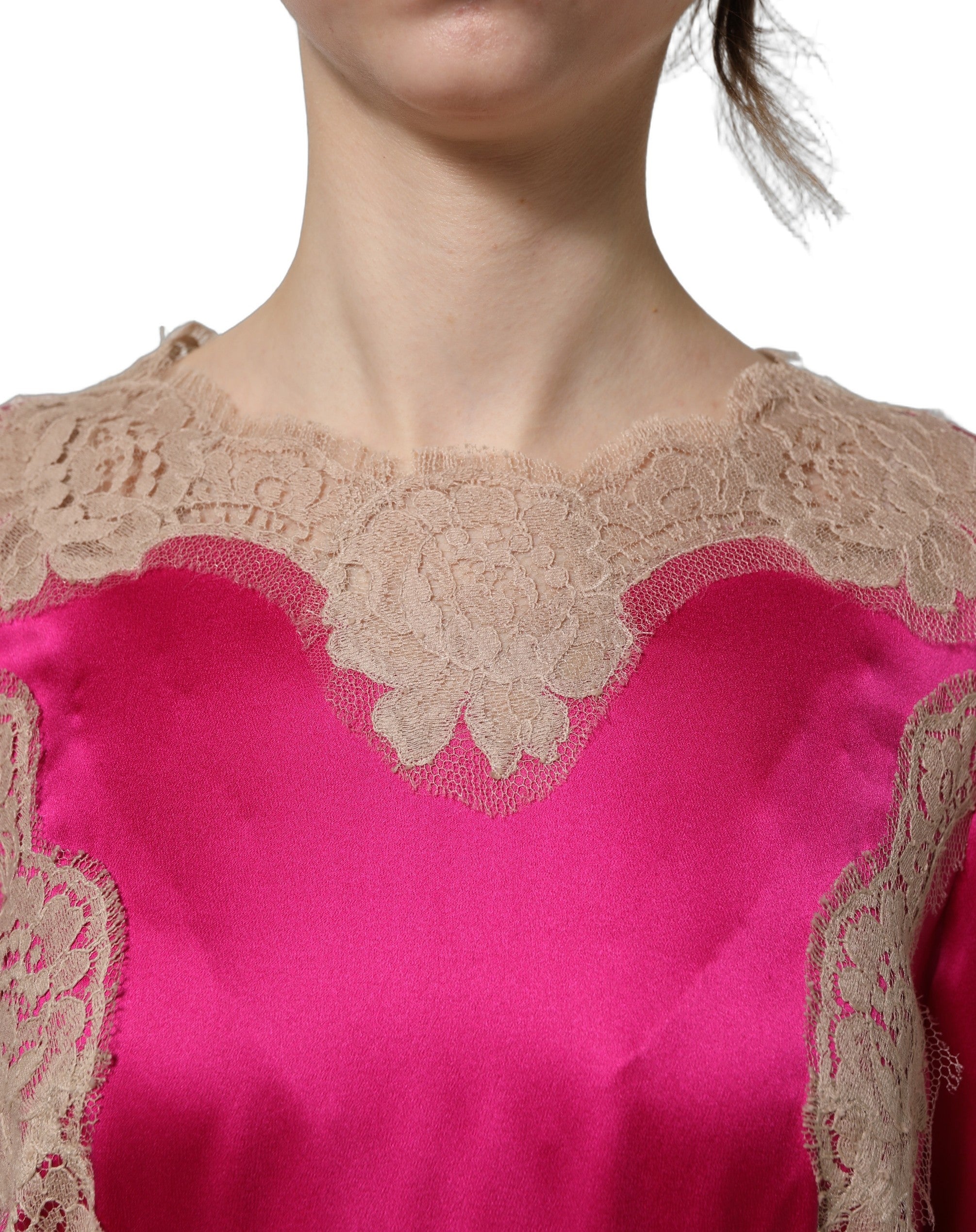 Dolce & Gabbana Fuchsia Pink Lace Detail A-line Midi Women's Dress