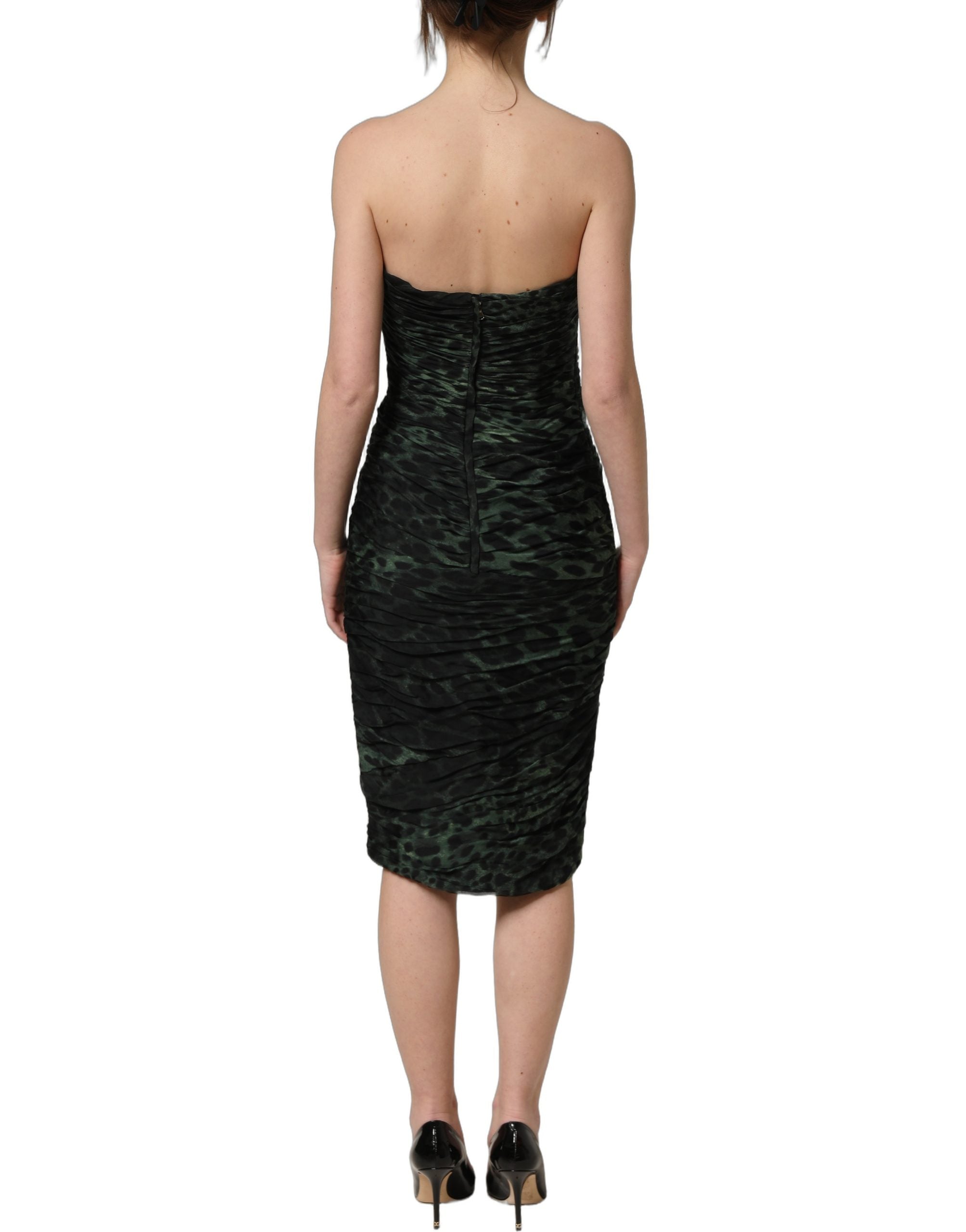 Dolce & Gabbana Green Leopard Print Bustier Draped Midi Women's Dress