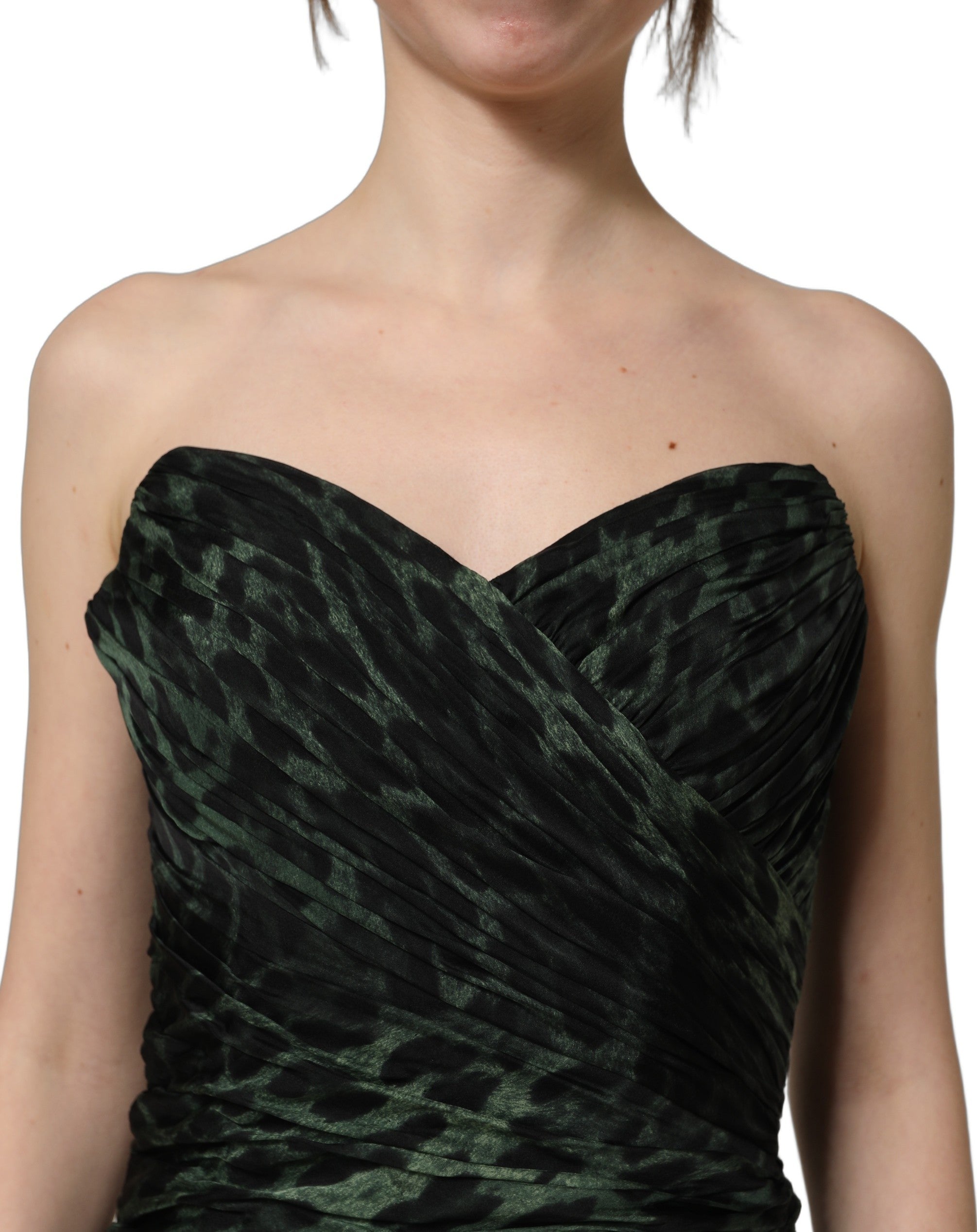 Dolce & Gabbana Green Leopard Print Bustier Draped Midi Women's Dress