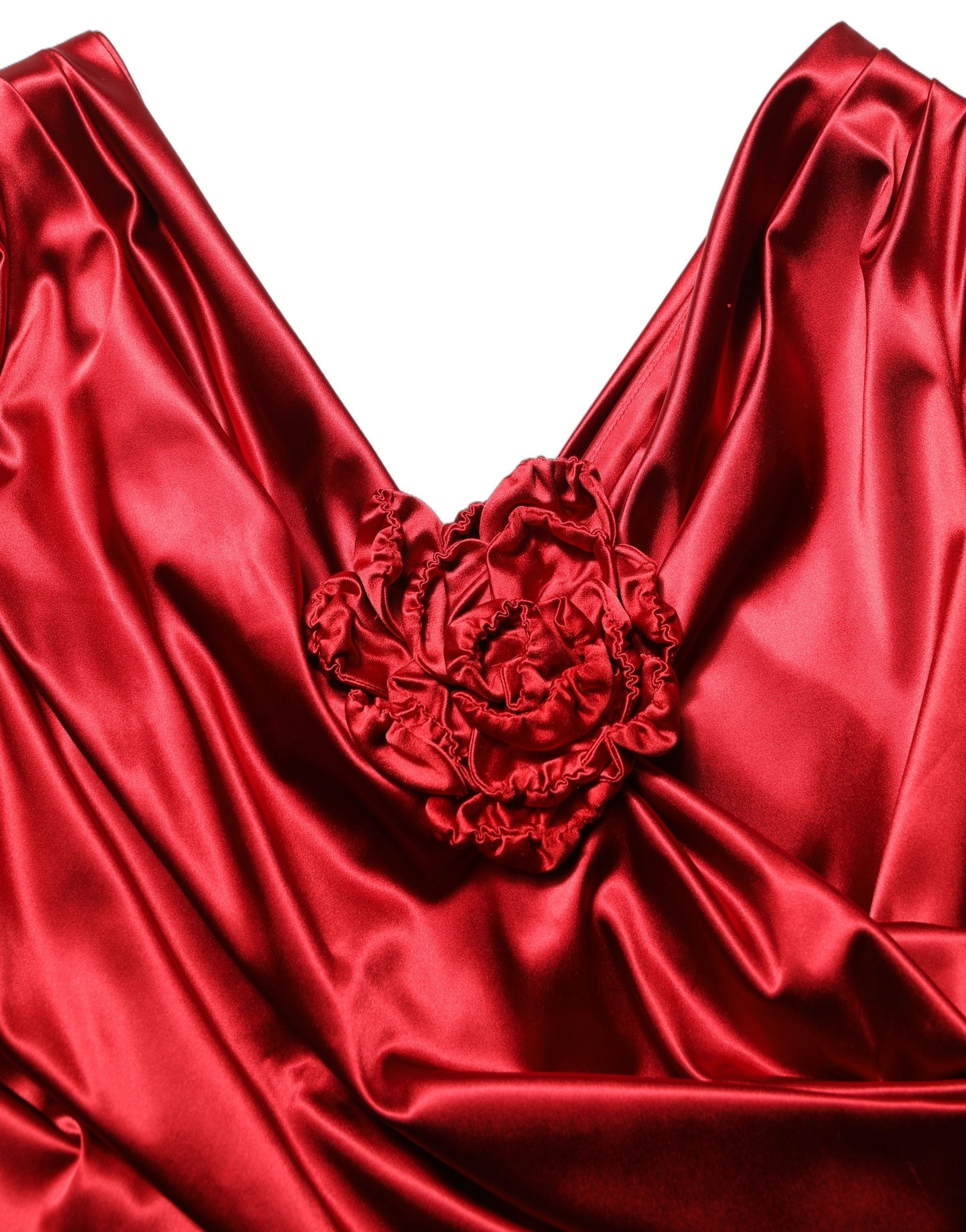 Dolce & Gabbana Red Silk Satin Draped Midi Floral Applique Women's Dress