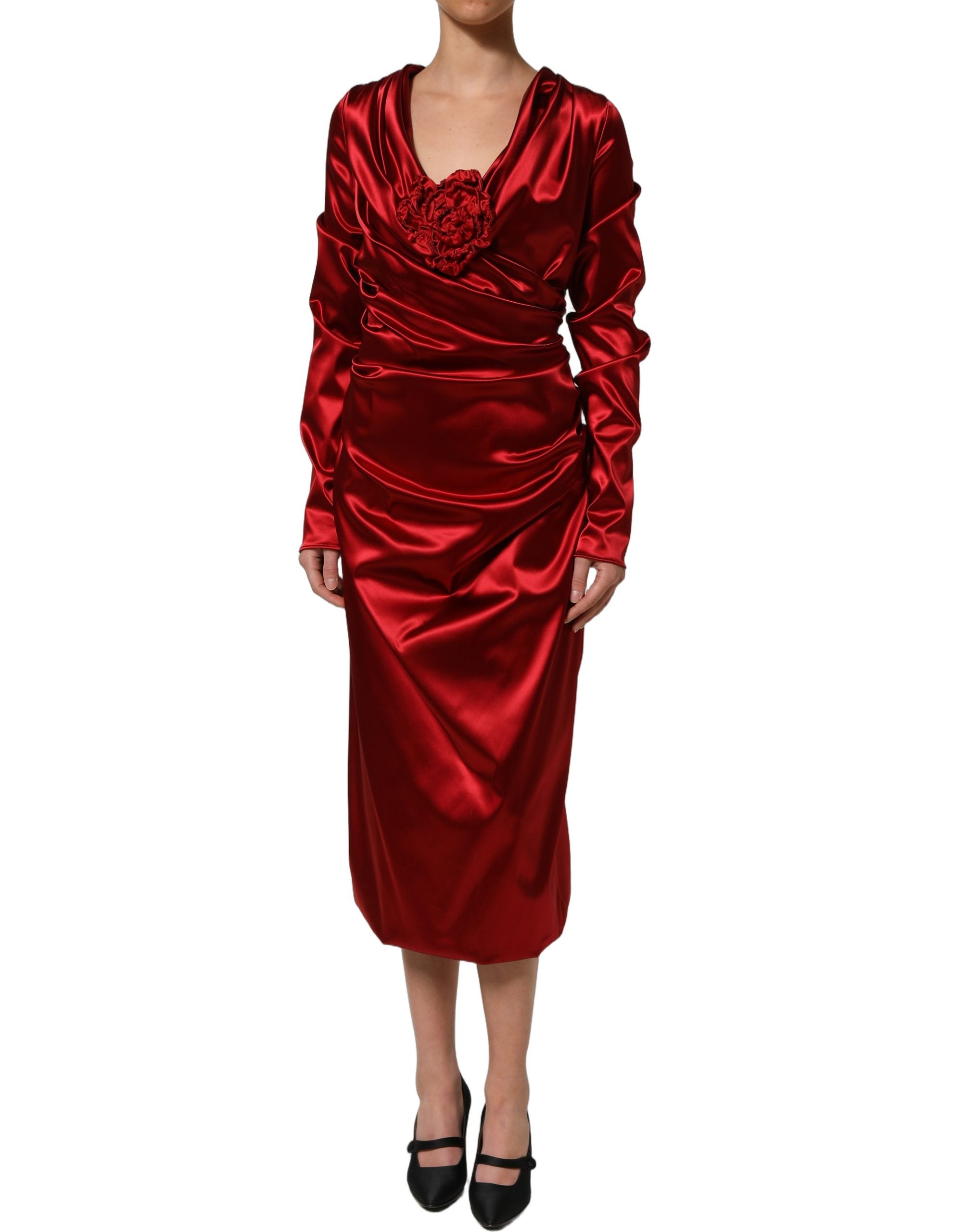 Dolce & Gabbana Red Silk Satin Draped Midi Floral Applique Women's Dress