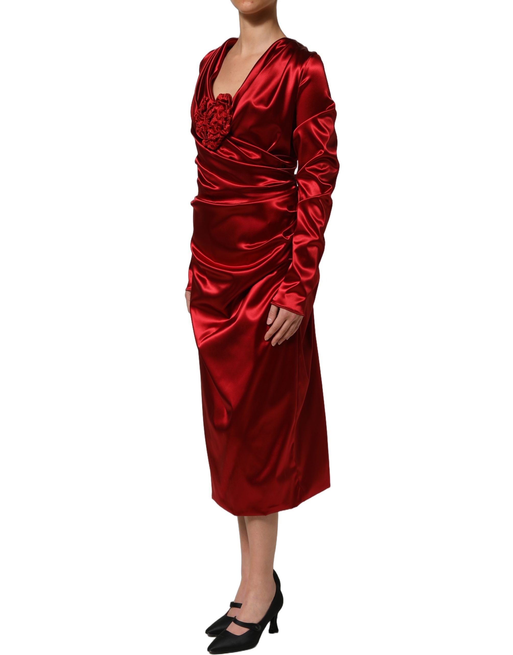 Dolce & Gabbana Red Silk Satin Draped Midi Floral Applique Women's Dress