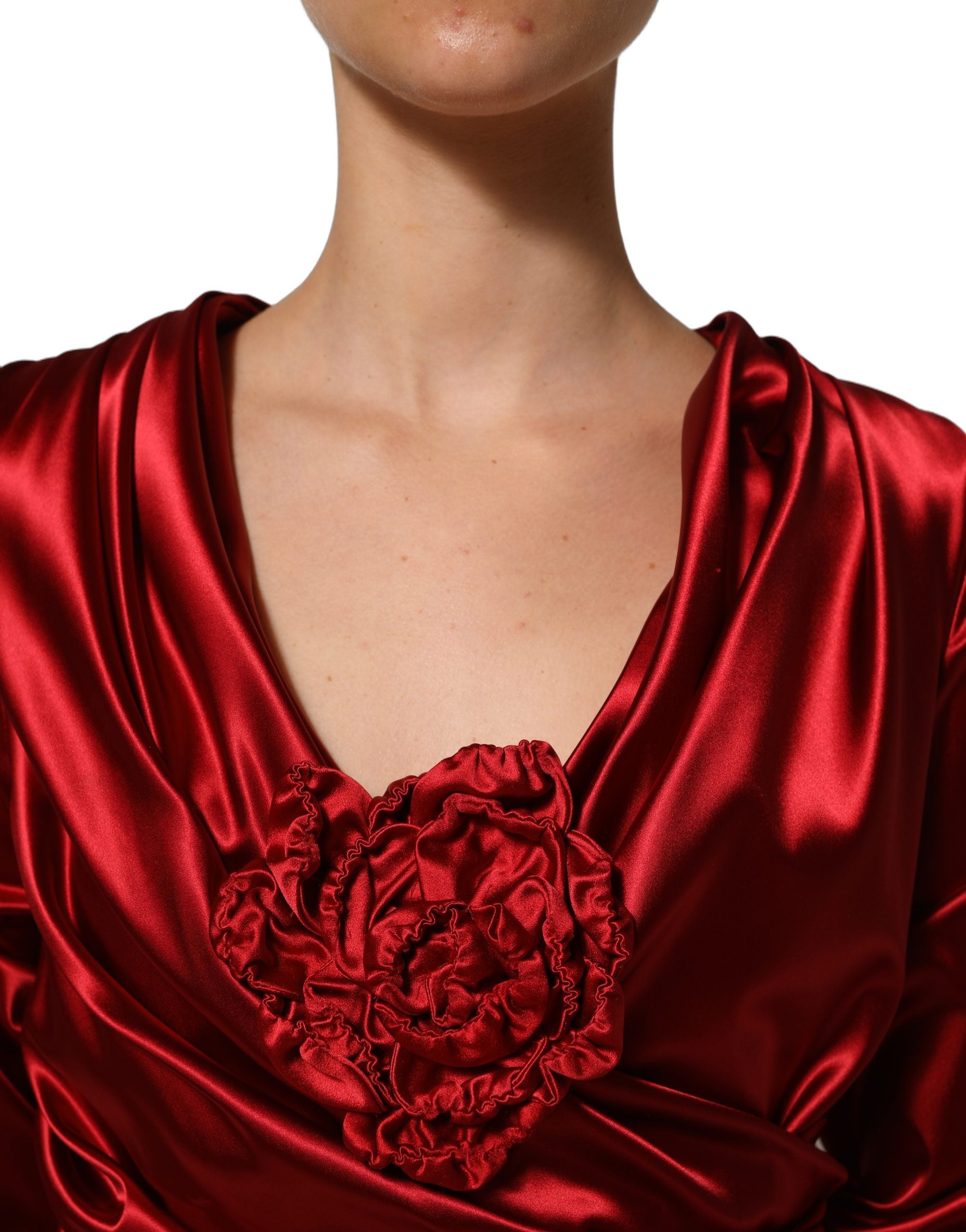 Dolce & Gabbana Red Silk Satin Draped Midi Floral Applique Women's Dress
