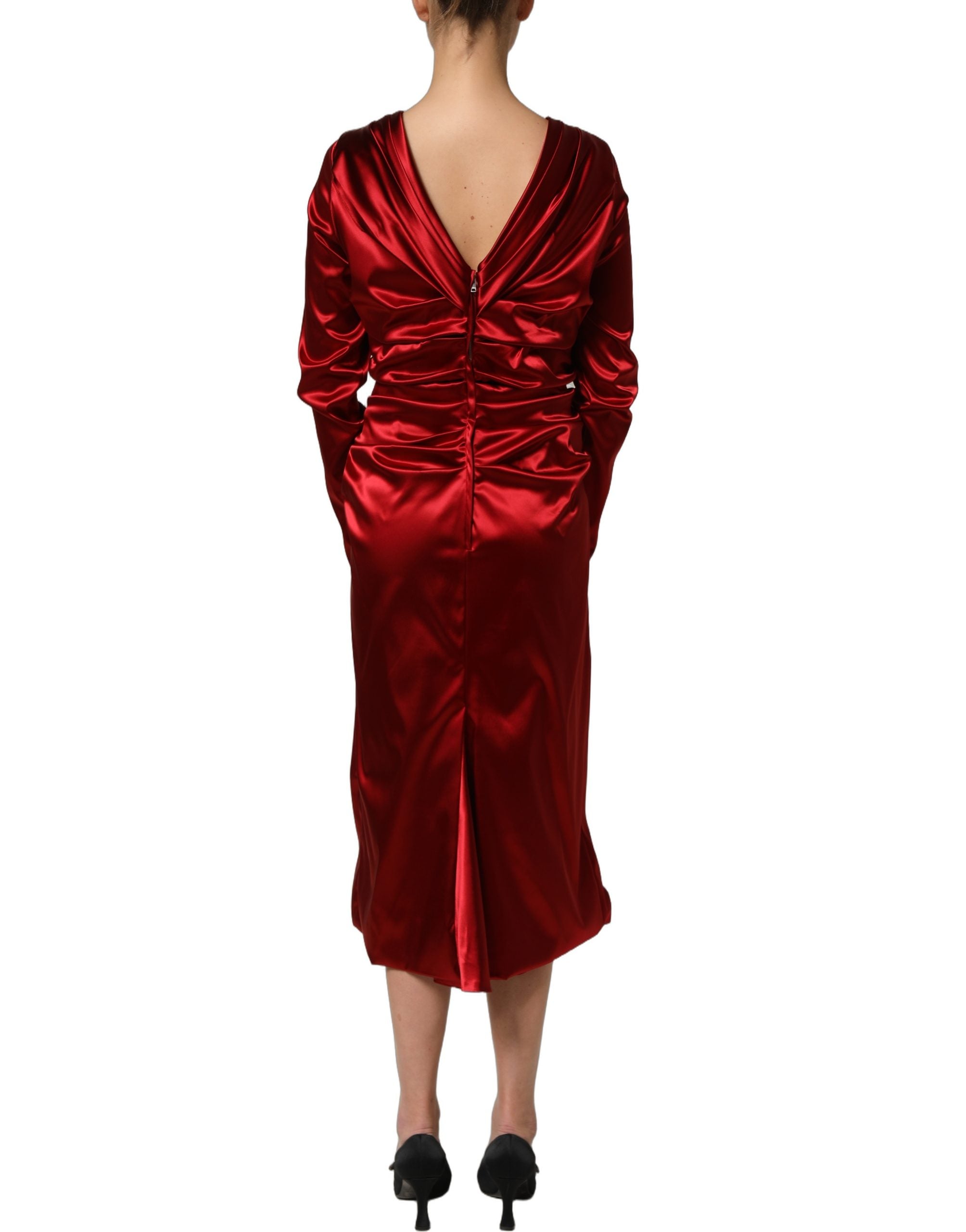 Dolce & Gabbana Red Silk Satin Draped Midi Floral Applique Women's Dress