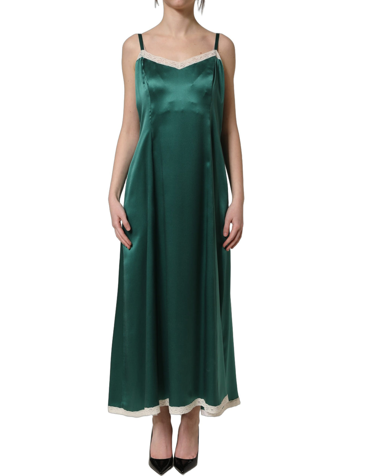 Dolce & Gabbana Green Satin Lace Trim Sleeveless Maxi Women's Dress (Pre-Owned)
