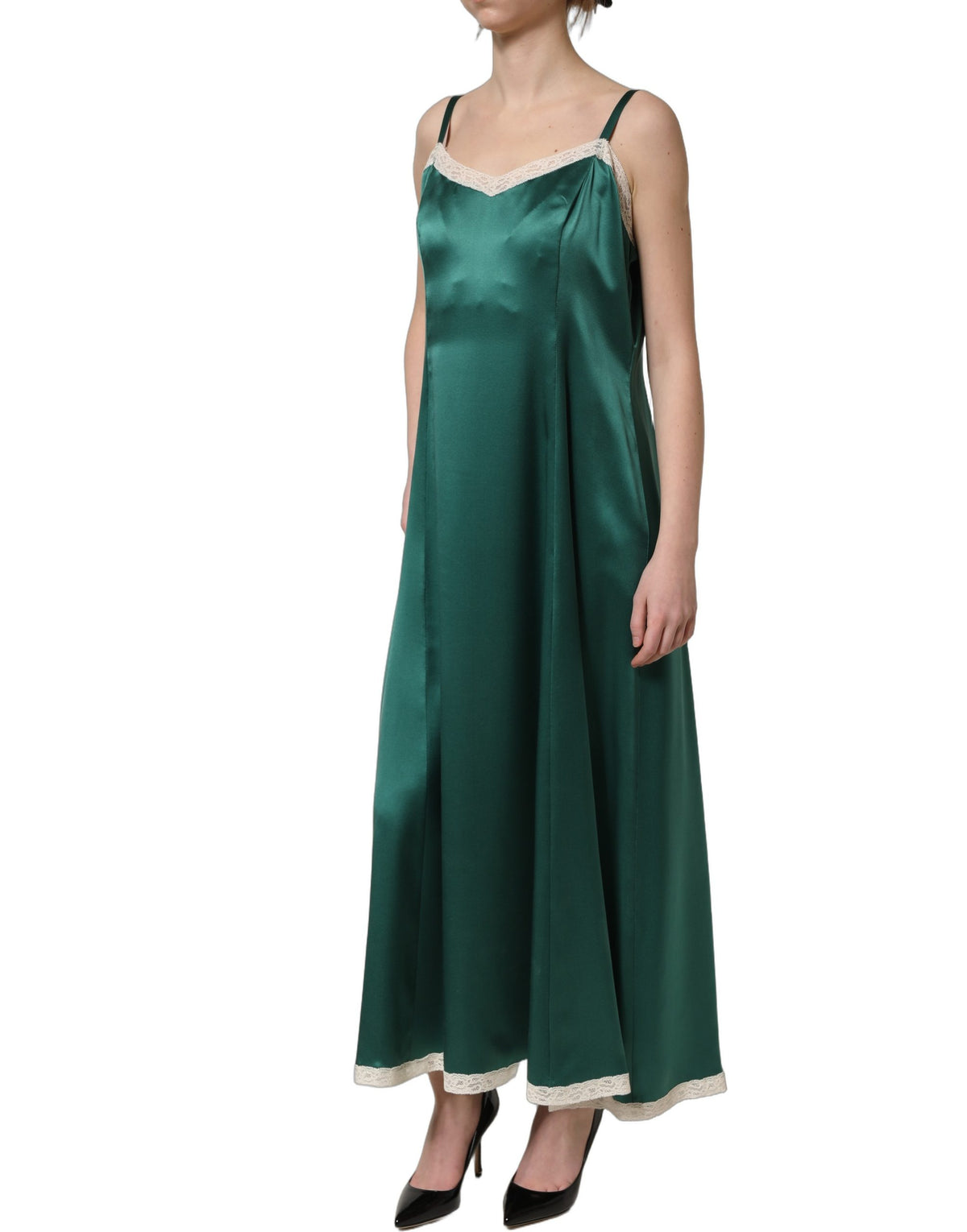 Dolce & Gabbana Green Satin Lace Trim Sleeveless Maxi Women's Dress (Pre-Owned)