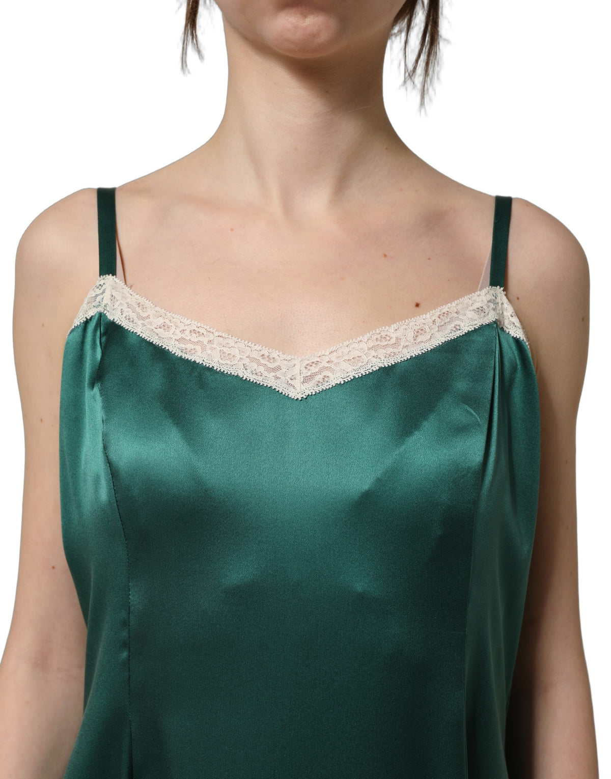 Dolce & Gabbana Green Satin Lace Trim Sleeveless Maxi Women's Dress (Pre-Owned)