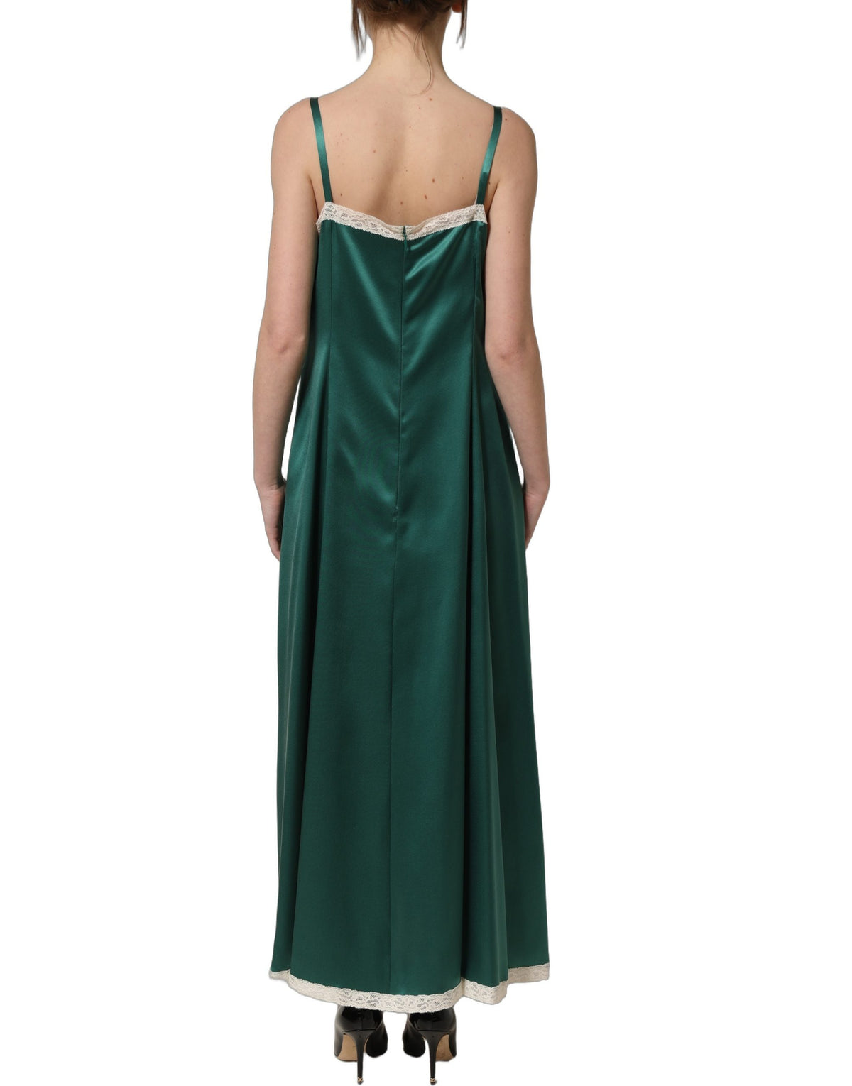Dolce & Gabbana Green Satin Lace Trim Sleeveless Maxi Women's Dress (Pre-Owned)