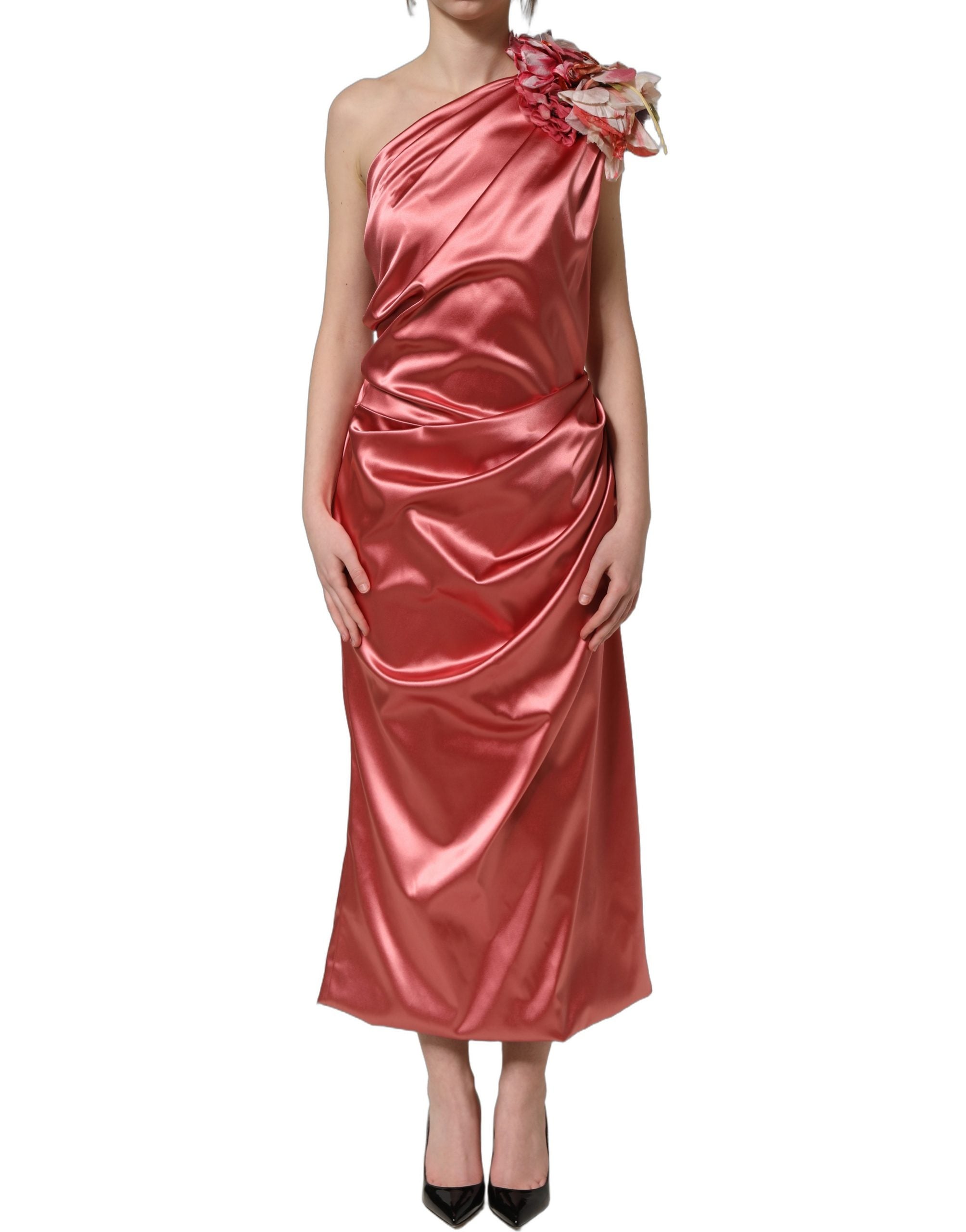 Dolce & Gabbana Pink Draped Midi Flower Appliques Women's Dress