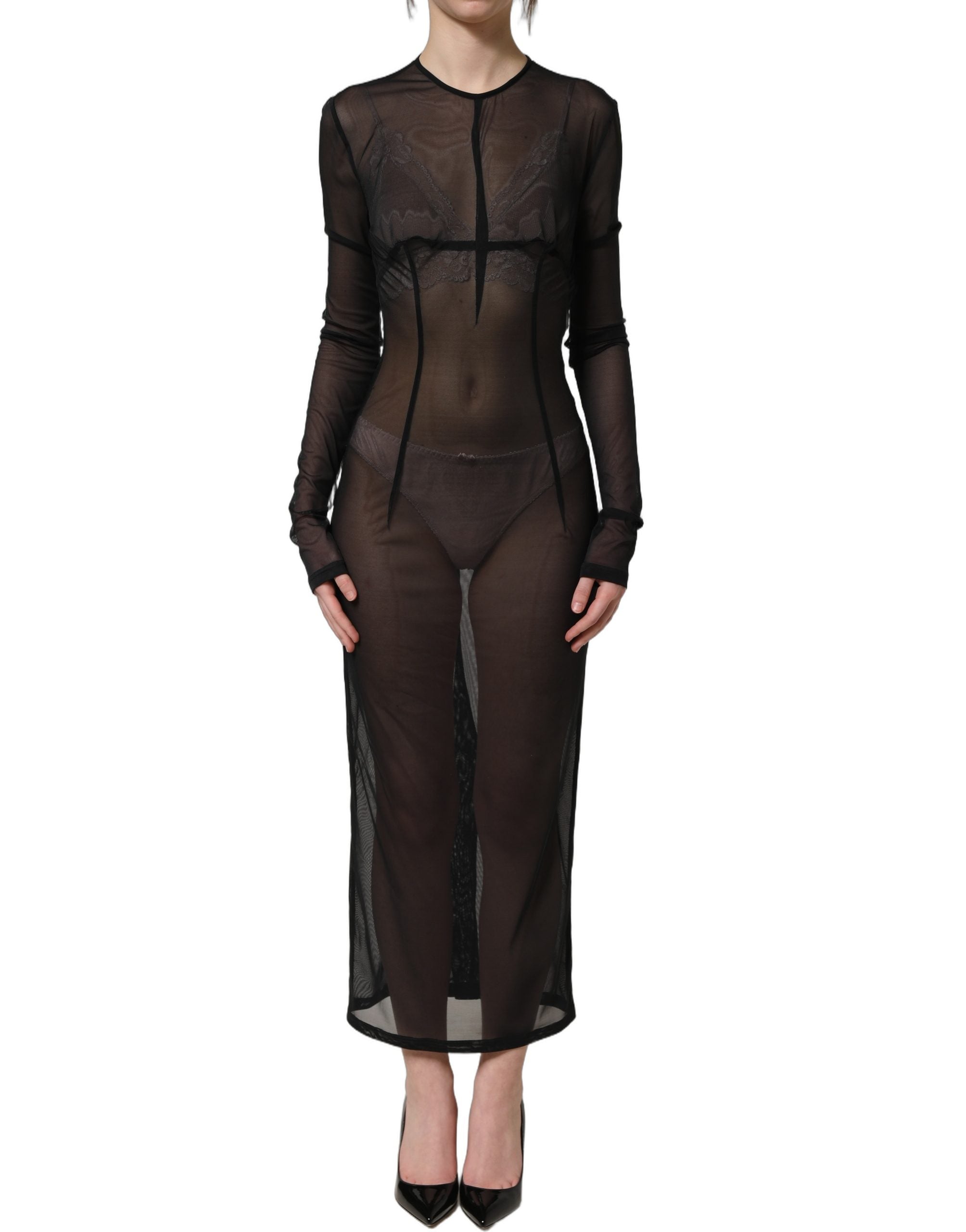Dolce & Gabbana Black Long Sleeve Sheer Fitted Maxi Women's Dress