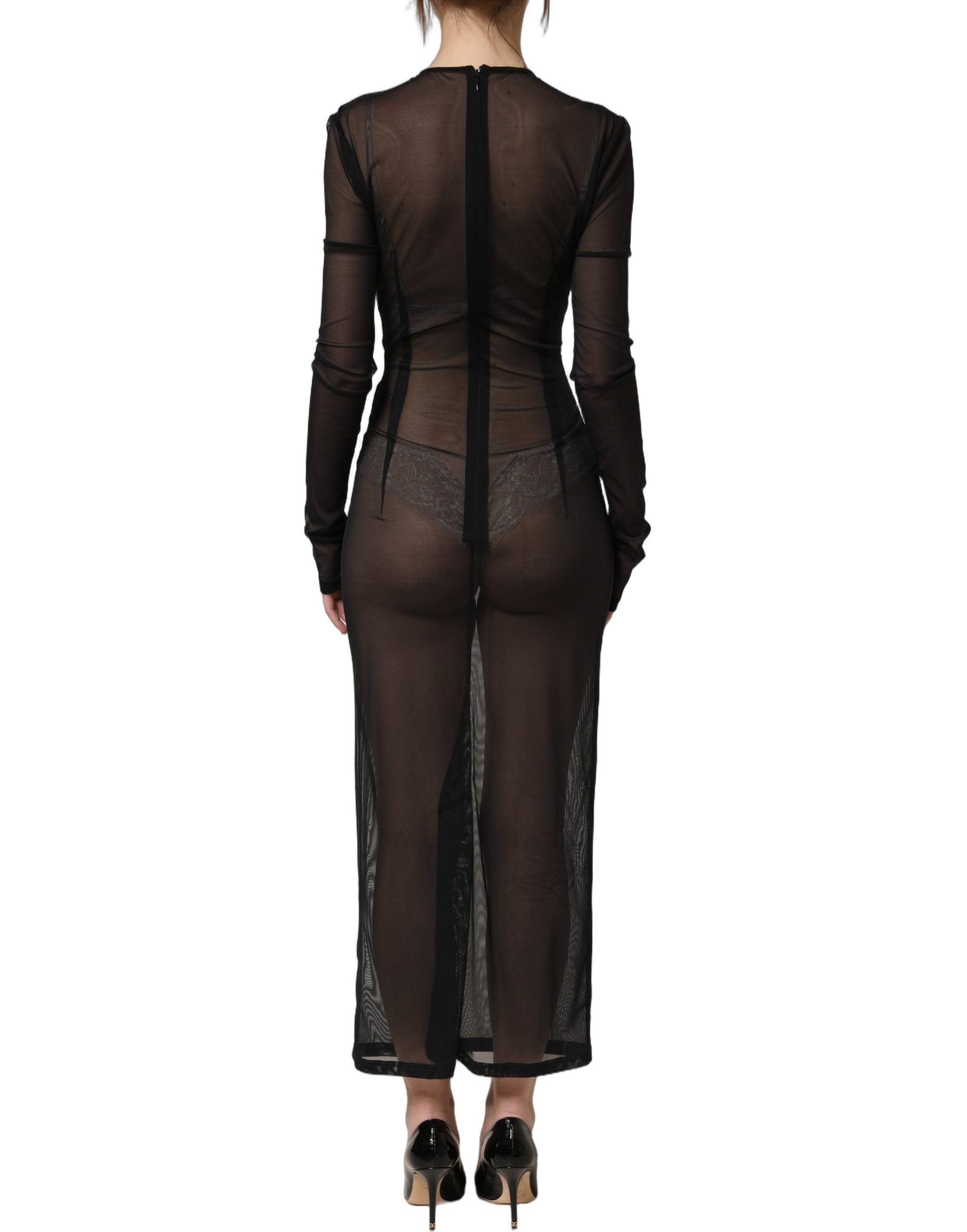 Dolce & Gabbana Black Long Sleeve Sheer Fitted Maxi Women's Dress