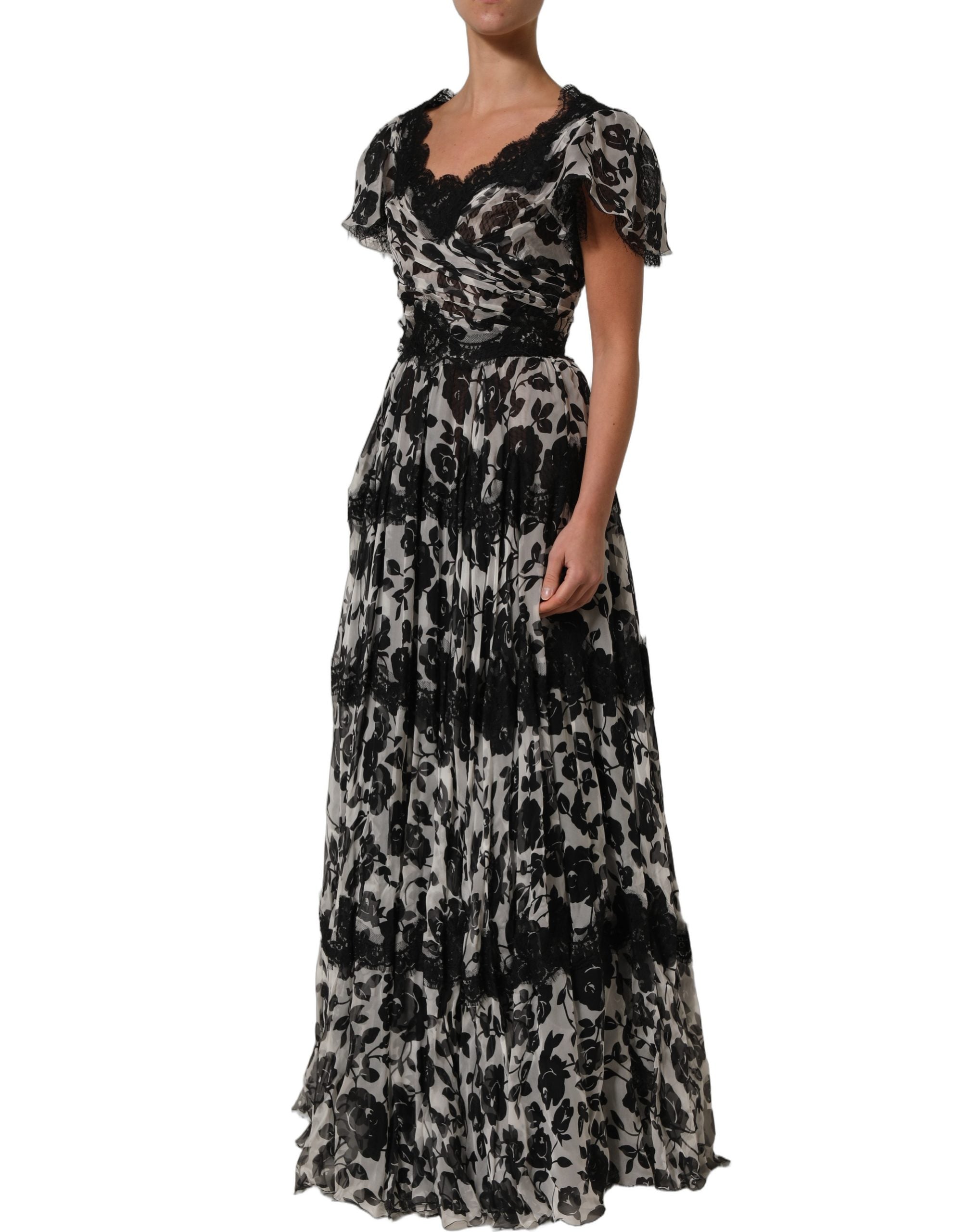 Dolce & Gabbana Black Silk Floral Lace Ricamo Ball Maxi Women's Dress (Pre-Owned)