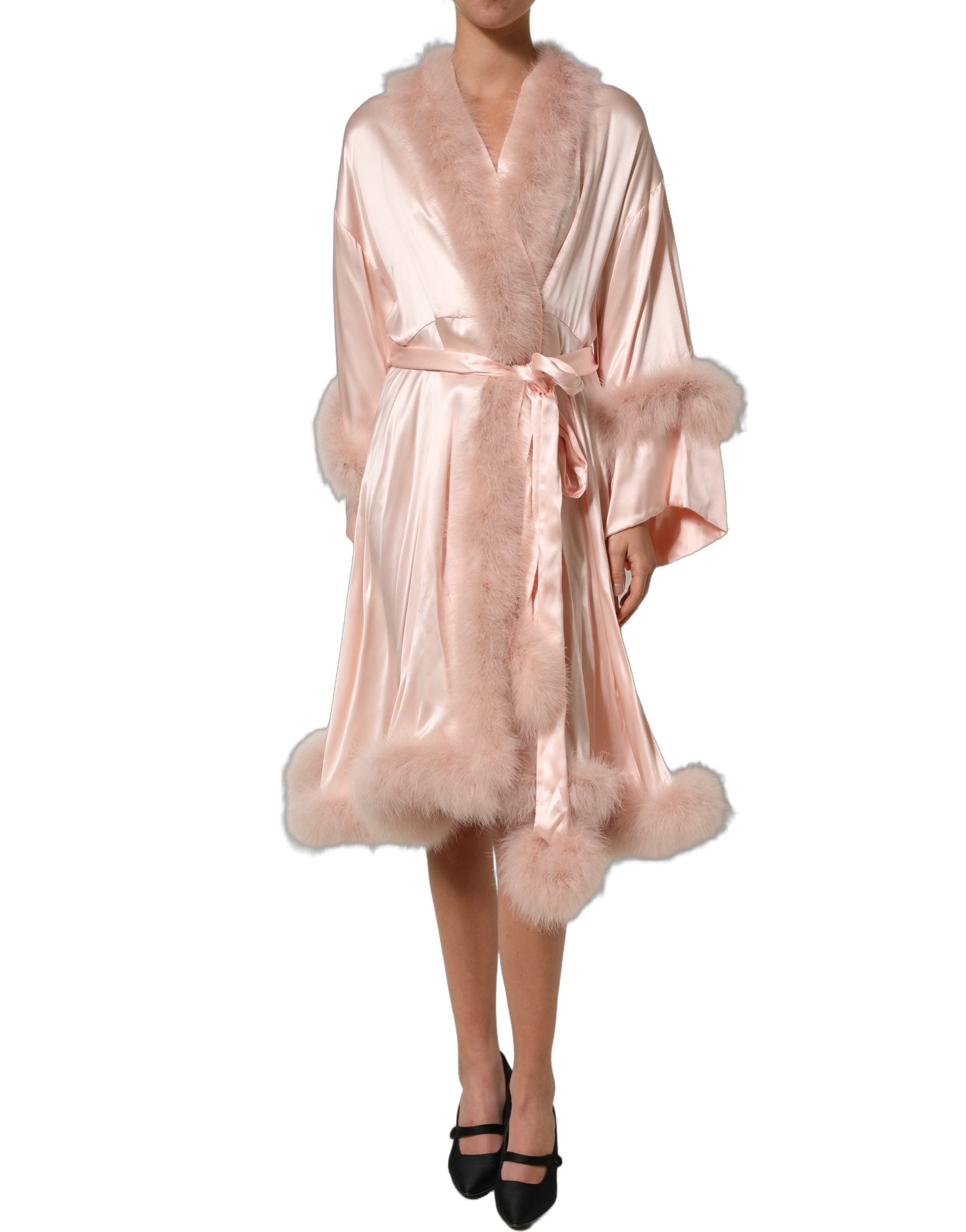 Dolce & Gabbana Light Pink Silk Turkey Feather Wrap Midi Women's Dress