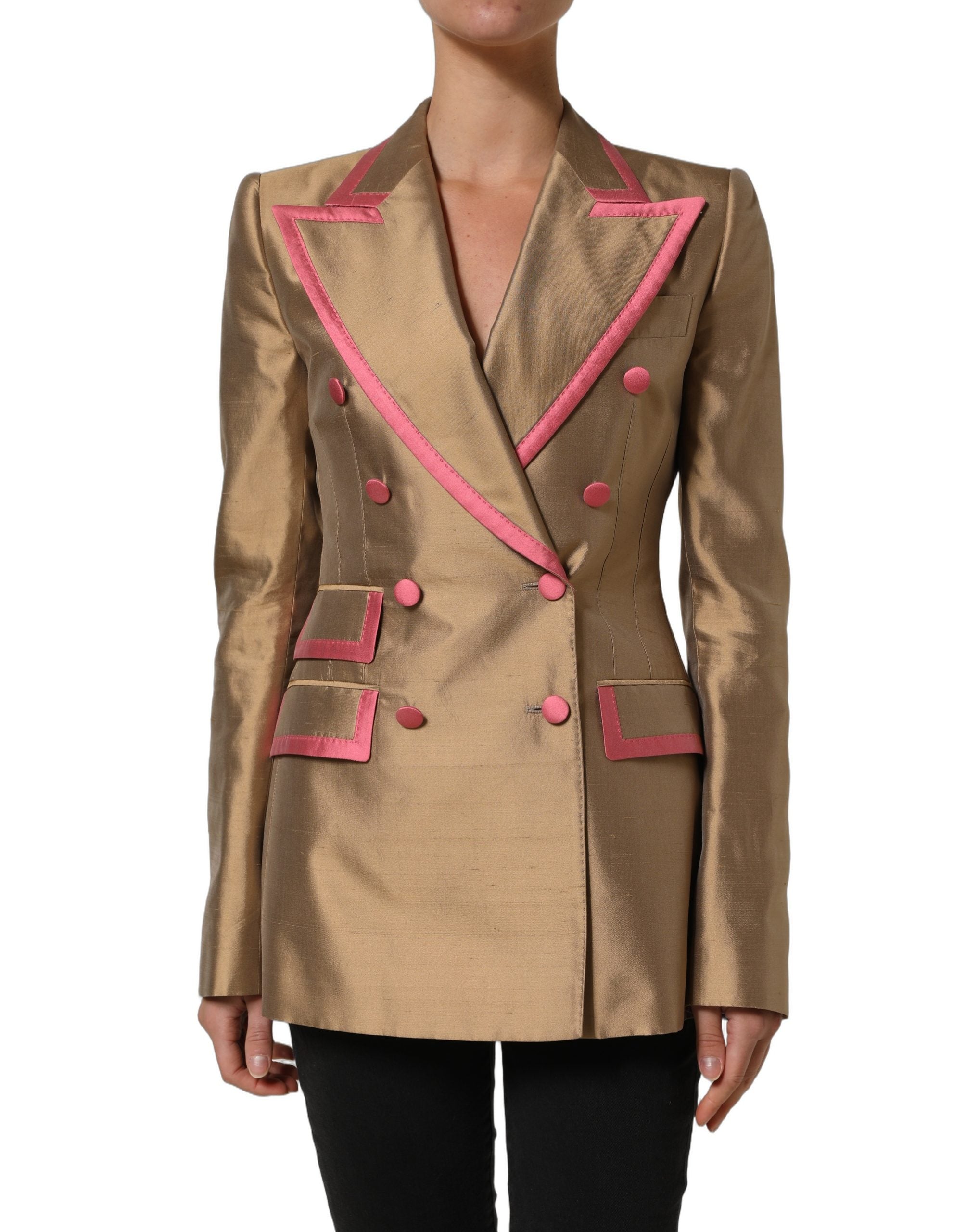 Dolce & Gabbana Gold Silk Double Breasted Coat Blazer Women's Jacket