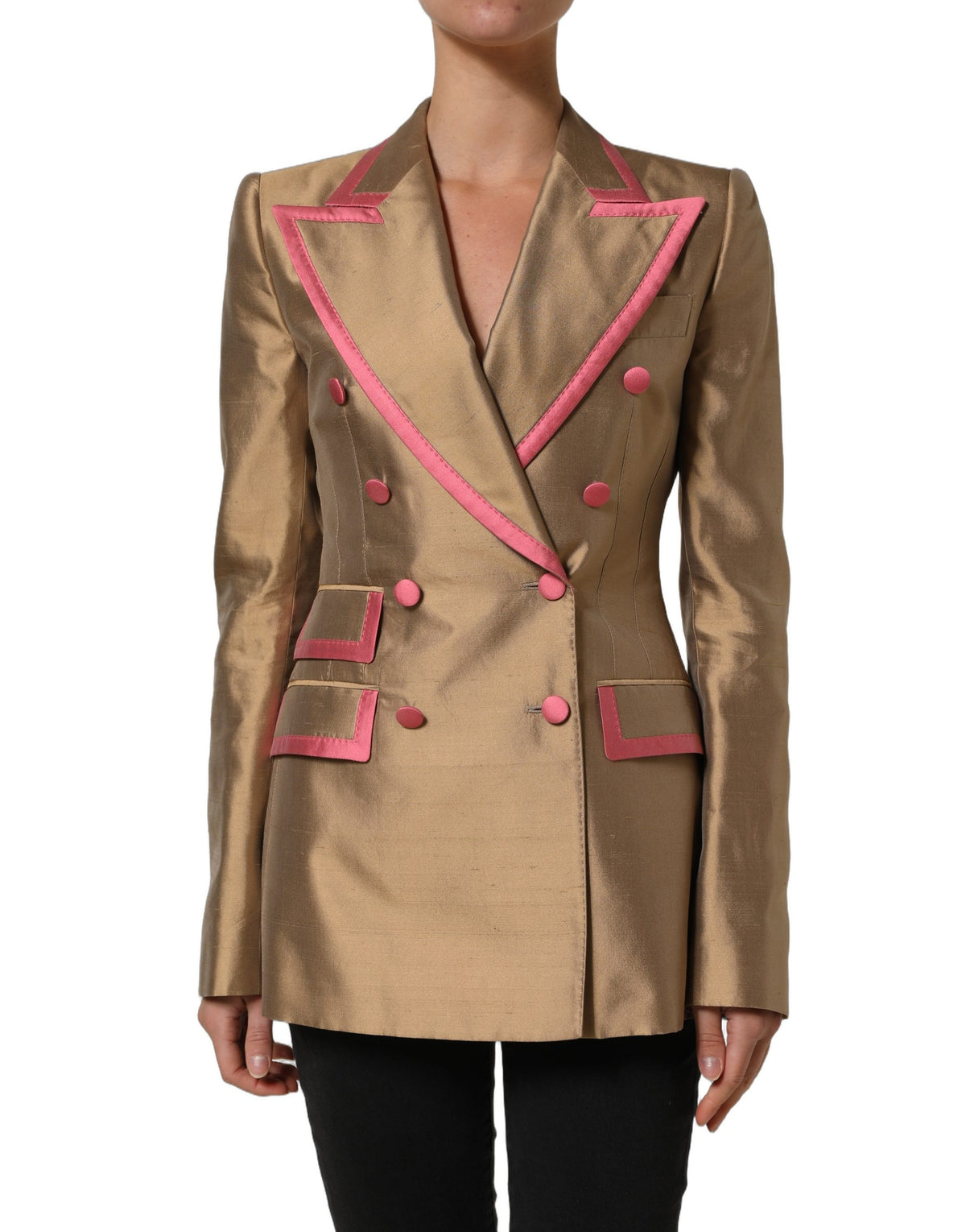 Dolce & Gabbana Gold Silk Double Breasted Coat Blazer Women's Jacket