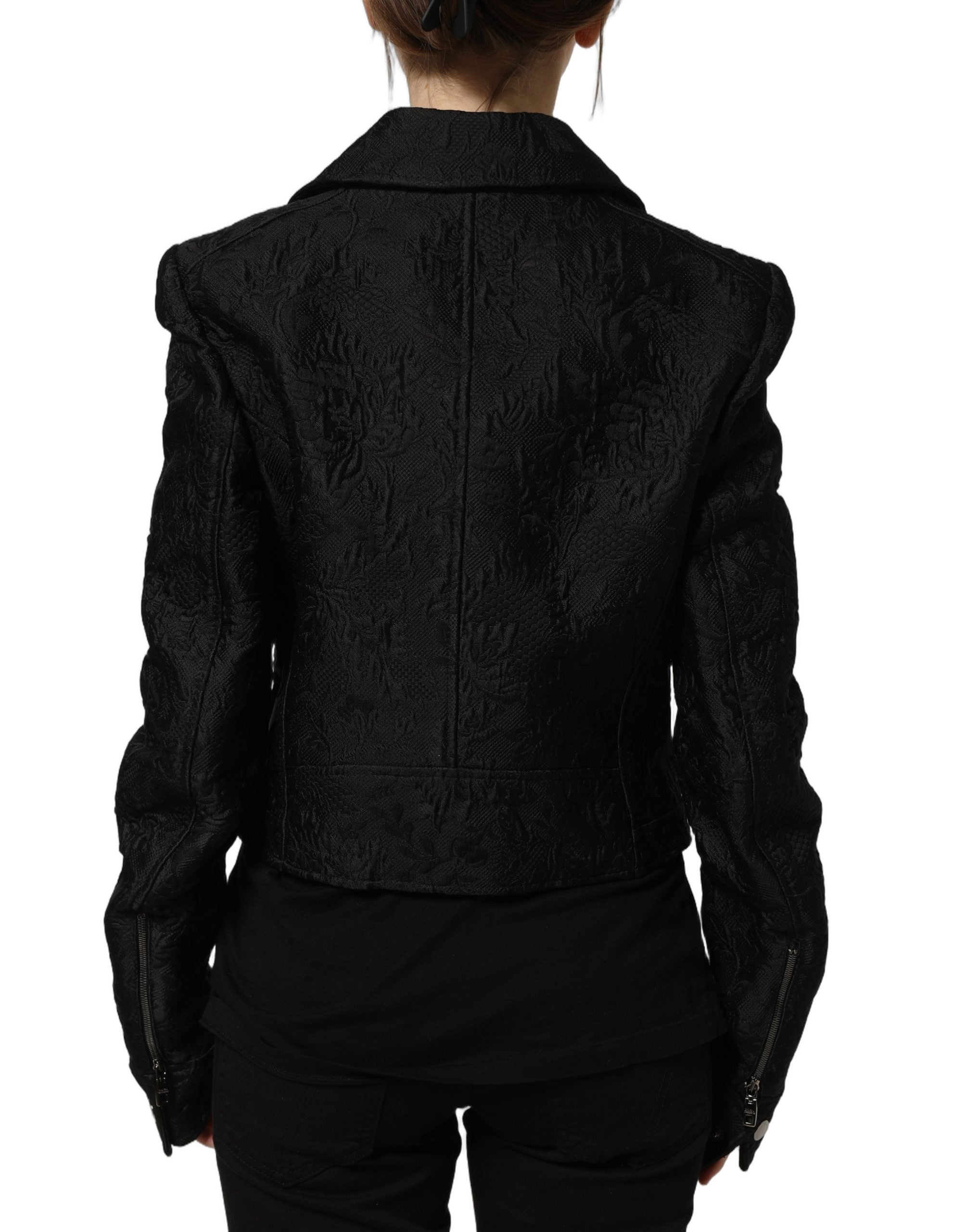 Dolce & Gabbana Black Floral Brocade Biker Blouson Women's Jacket