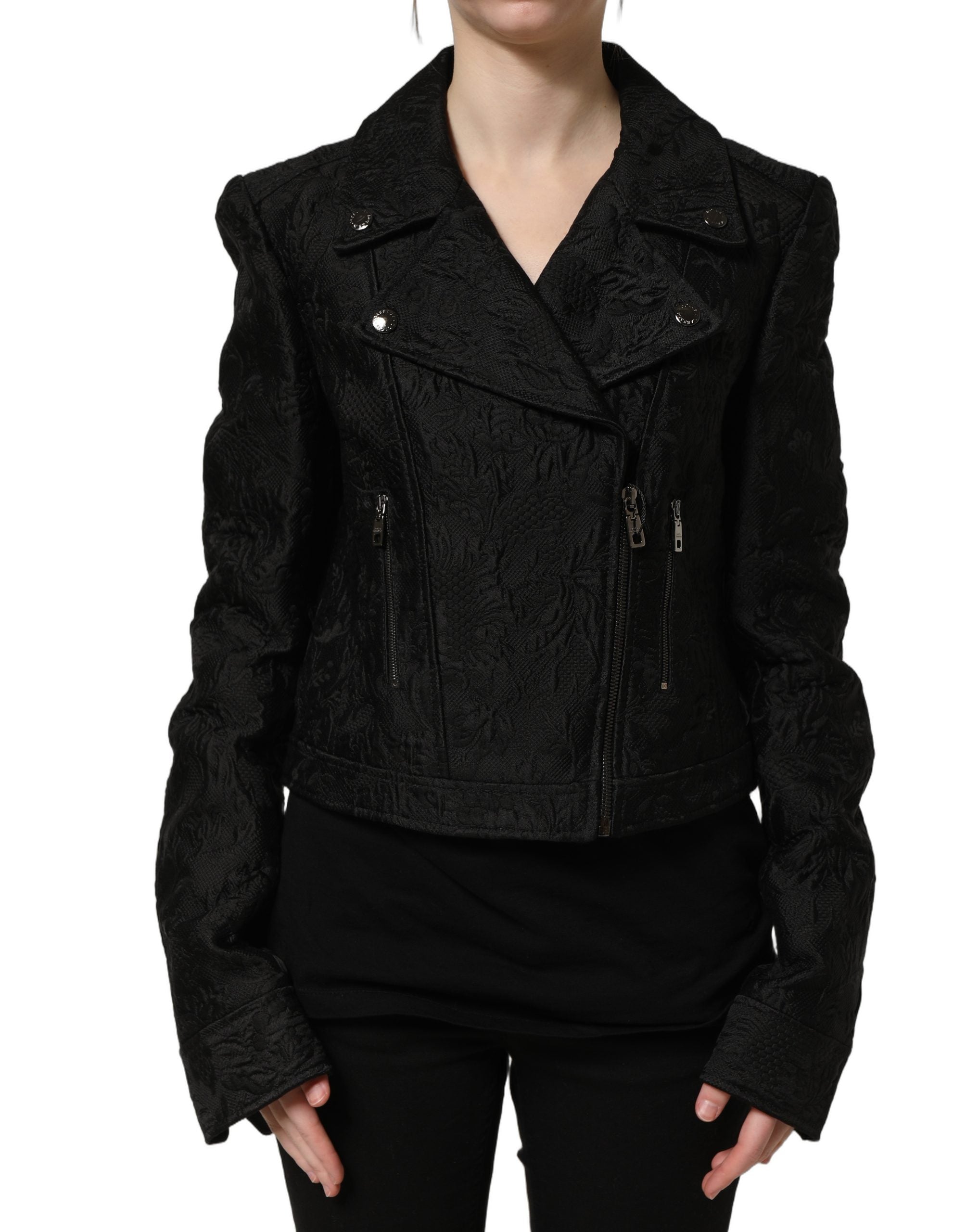 Dolce & Gabbana Black Floral Brocade Biker Blouson Women's Jacket
