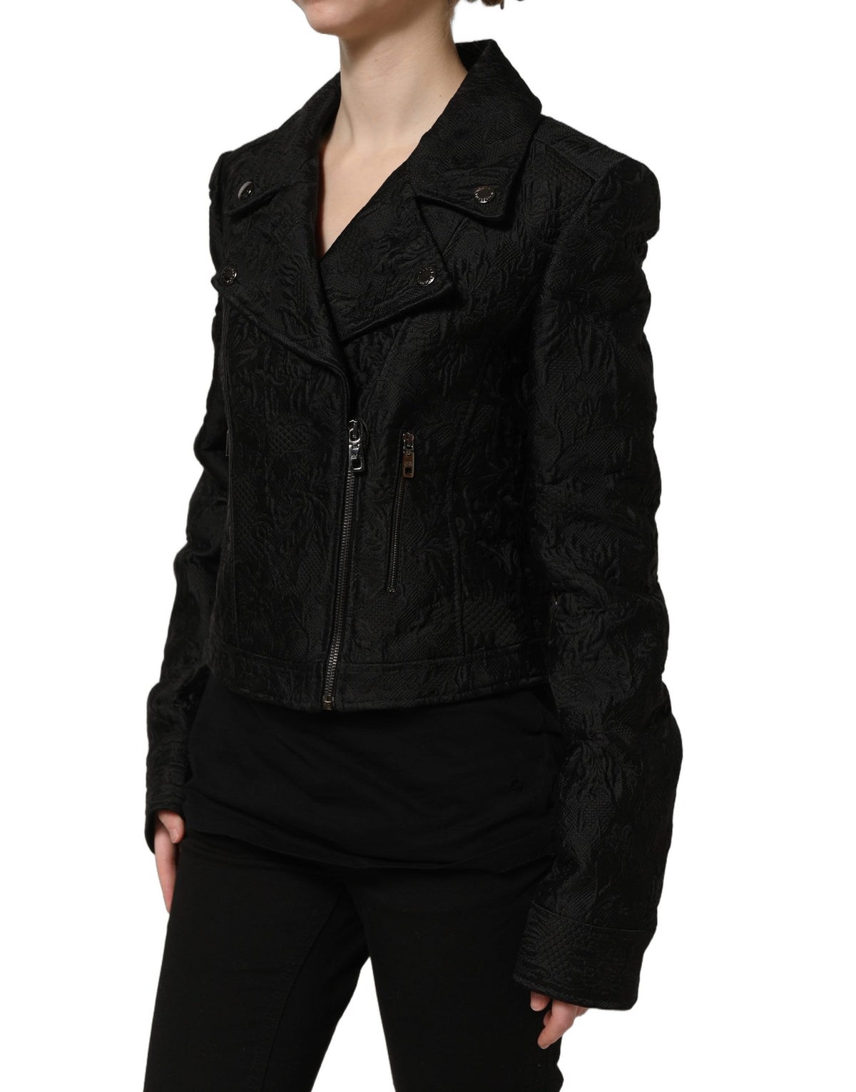 Dolce & Gabbana Black Floral Brocade Biker Blouson Women's Jacket