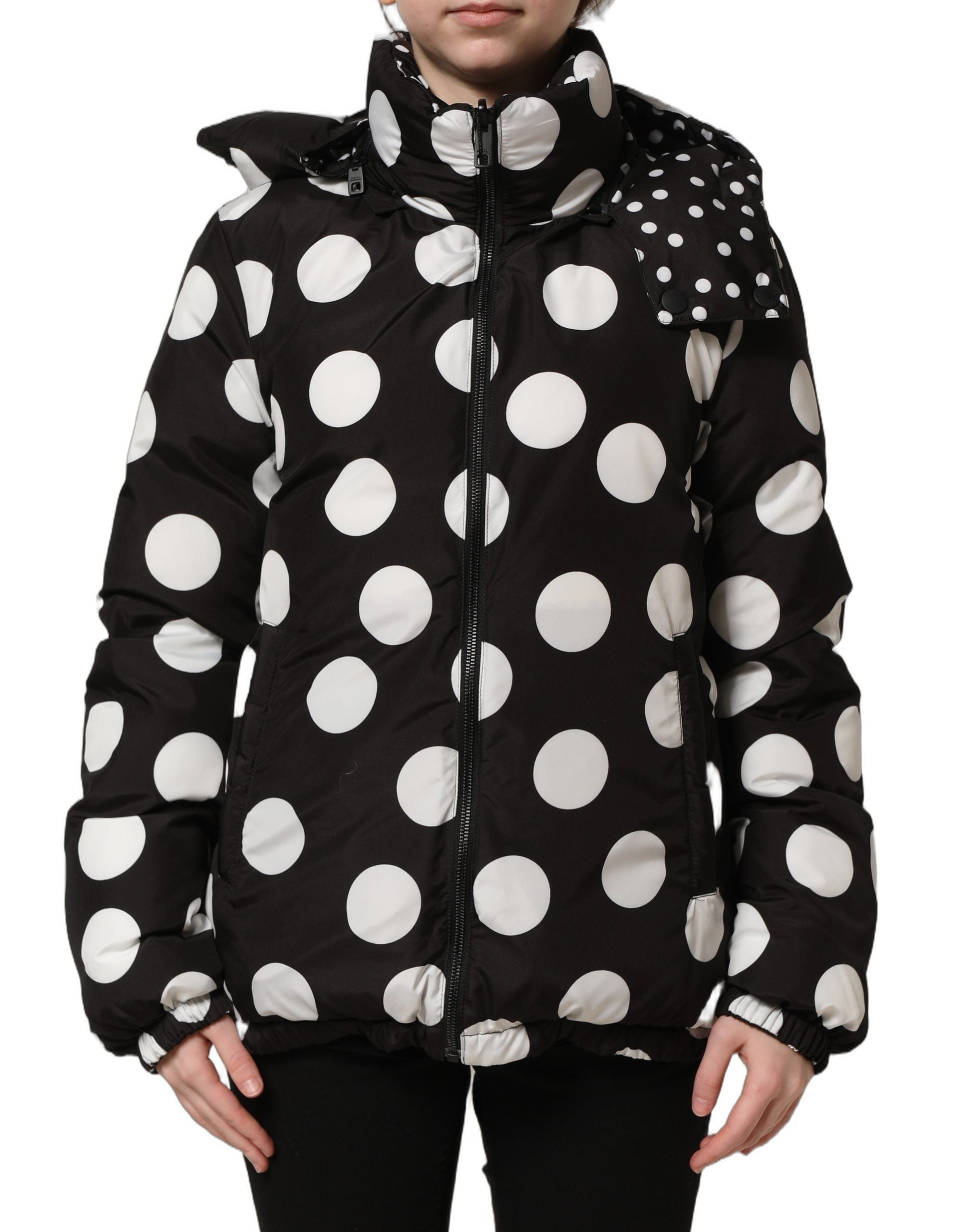Dolce & Gabbana Black White Polka Dot Hooded Blouson Women's Jacket