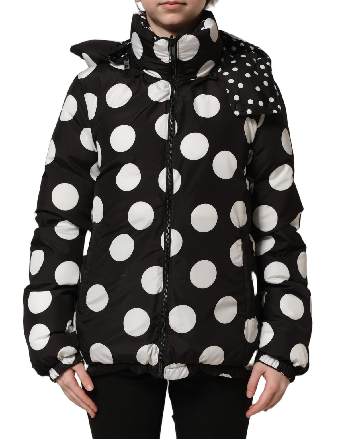 Dolce & Gabbana Black White Polka Dot Hooded Blouson Women's Jacket