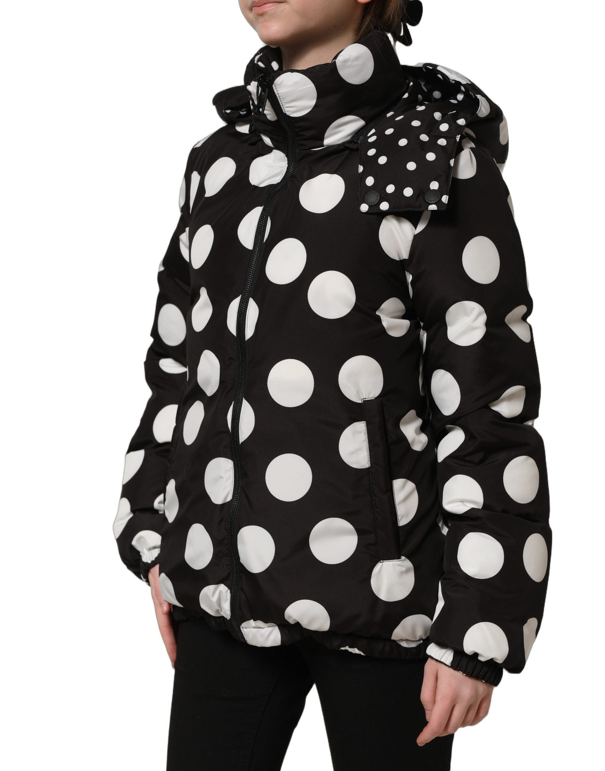Dolce & Gabbana Black White Polka Dot Hooded Blouson Women's Jacket
