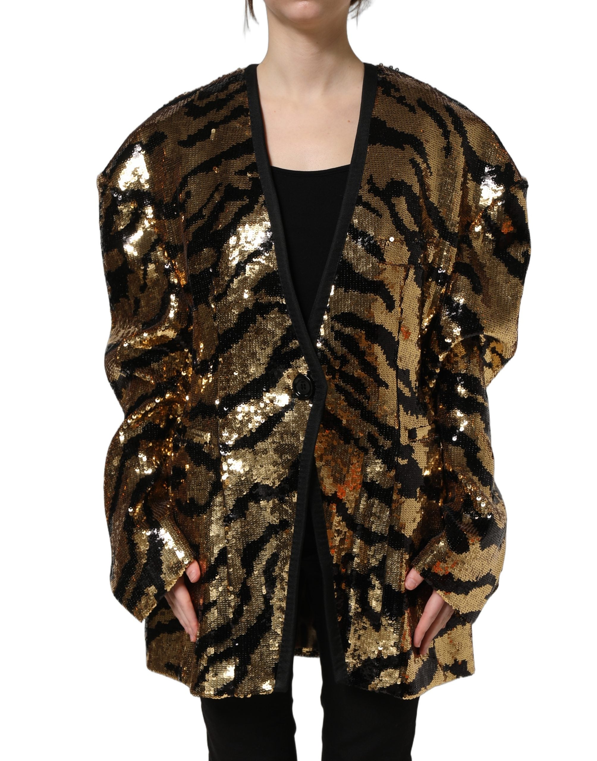 Dolce & Gabbana Black Gold Sequin Tiger Stripe Blazer Women's Jacket
