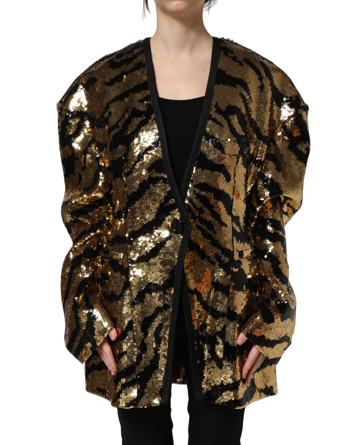 Dolce & Gabbana Black Gold Sequin Tiger Stripe Blazer Women's Jacket