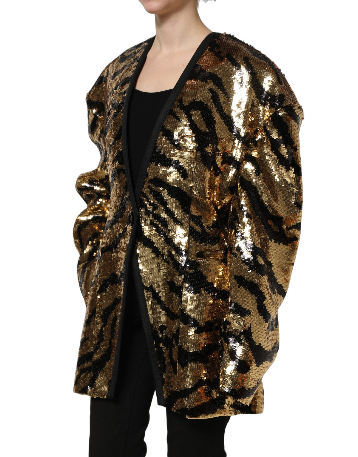 Dolce & Gabbana Black Gold Sequin Tiger Stripe Blazer Women's Jacket