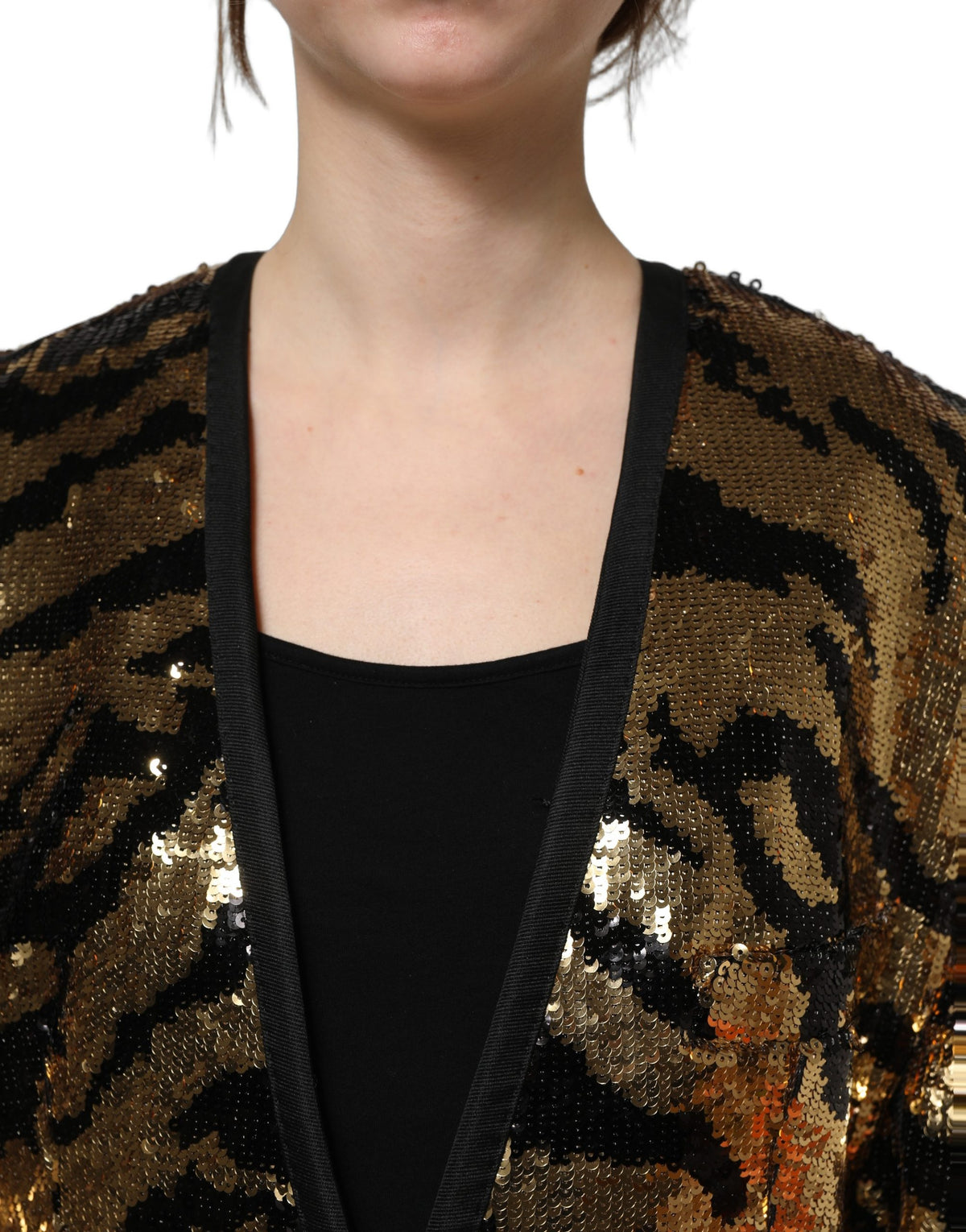Dolce & Gabbana Black Gold Sequin Tiger Stripe Blazer Women's Jacket