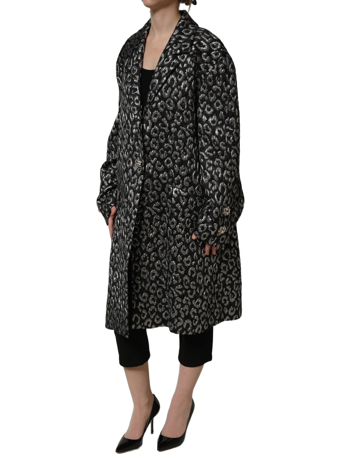 Dolce & Gabbana Black Silver Jacquard Leopard Coat Women's Jacket
