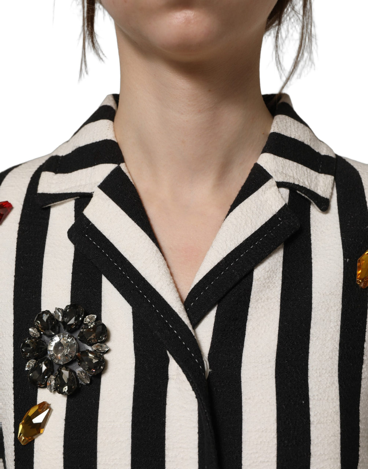 Dolce & Gabbana Black White Striped Embellished Coat Women's Jacket