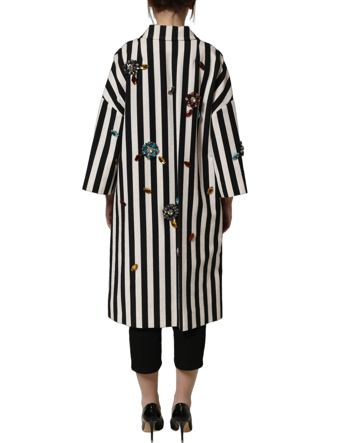 Dolce & Gabbana Black White Striped Embellished Coat Women's Jacket