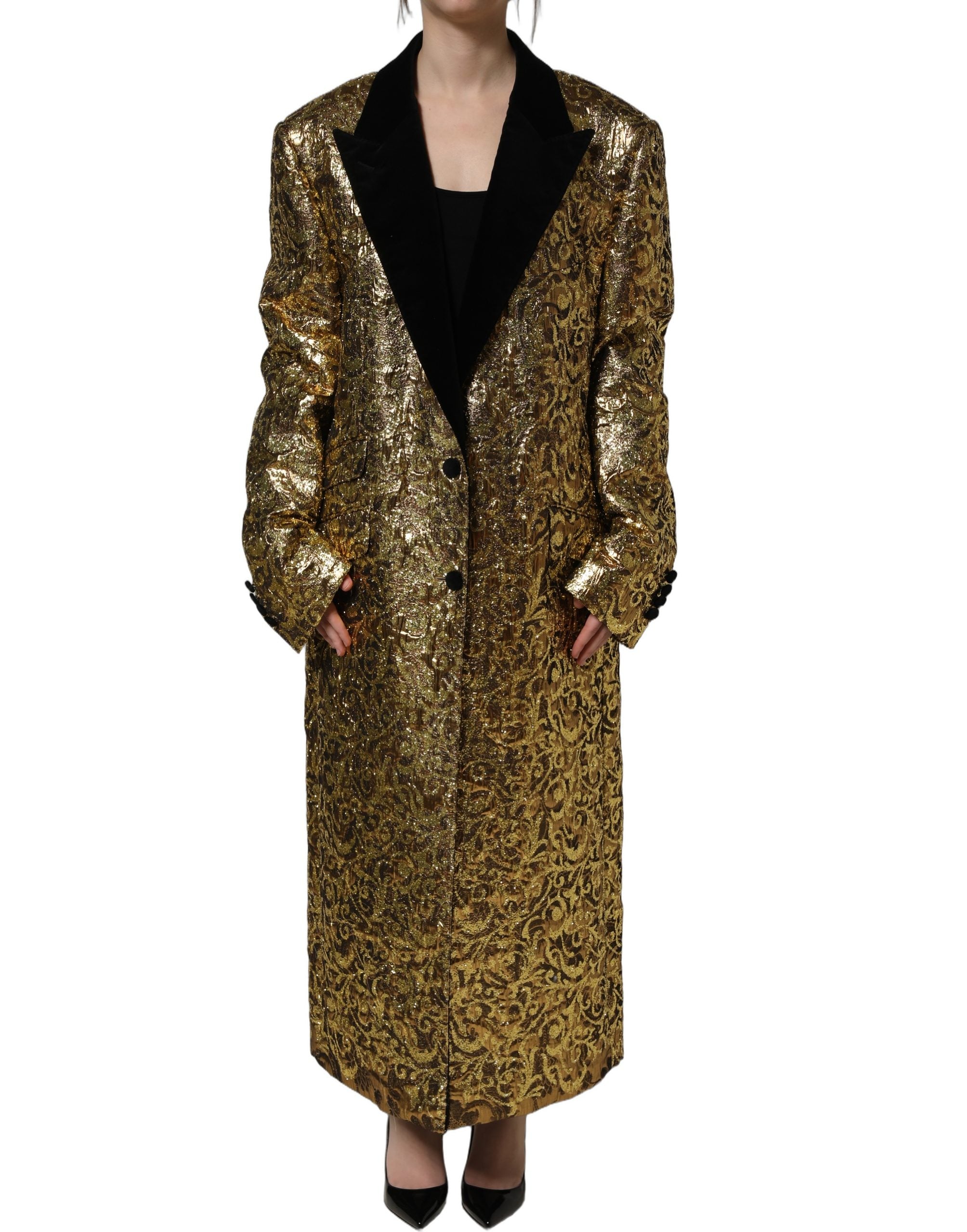 Dolce & Gabbana Gold Floral Jacquard Wool Trench Coat Women's Jacket