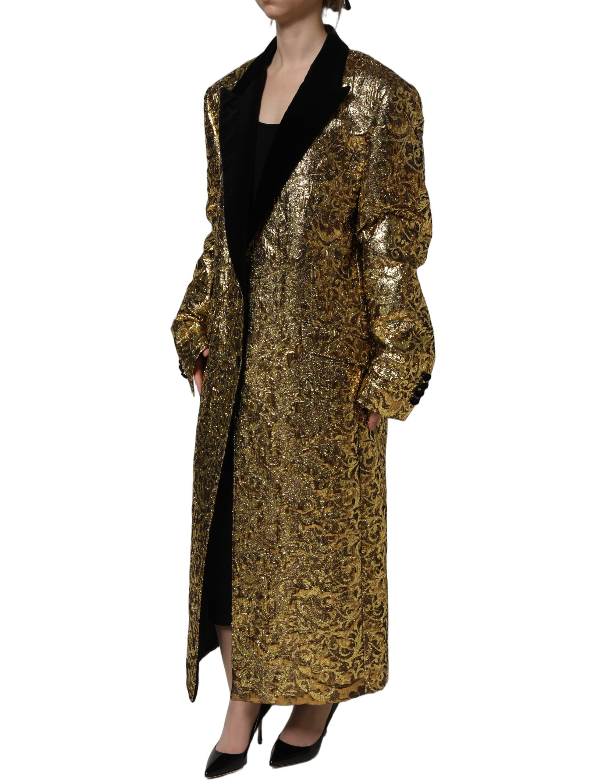 Dolce & Gabbana Gold Floral Jacquard Wool Trench Coat Women's Jacket
