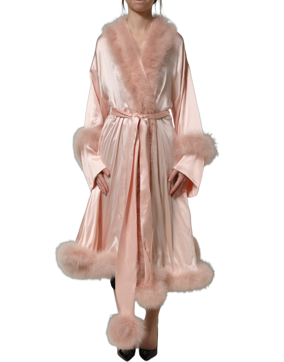 Dolce & Gabbana Light Pink Silk Turkey Feather Robe Women's Jacket