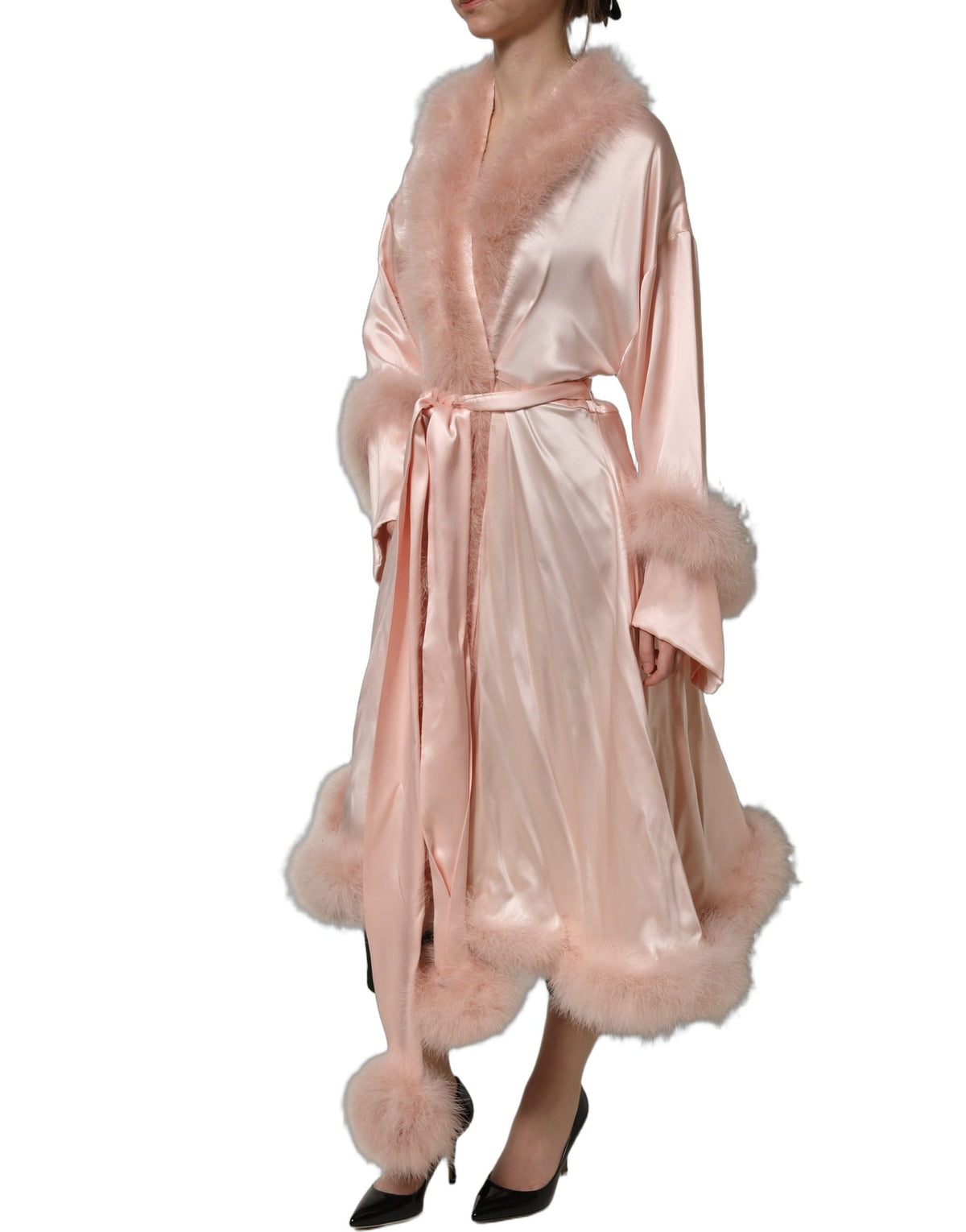 Dolce & Gabbana Light Pink Silk Turkey Feather Robe Women's Jacket