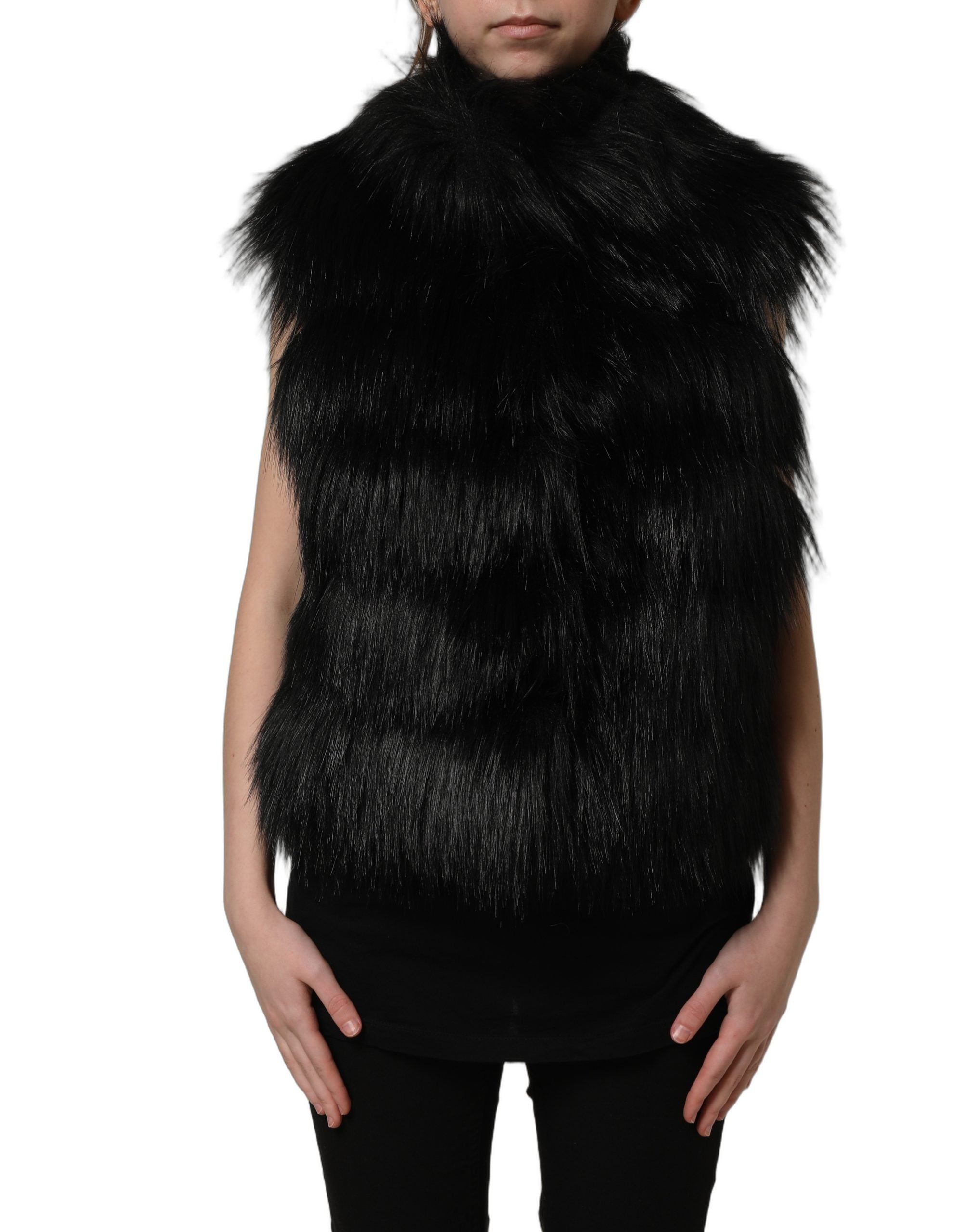 Dolce & Gabbana Black Acrylic Faux Fur Sleeveless Vest Women's Jacket