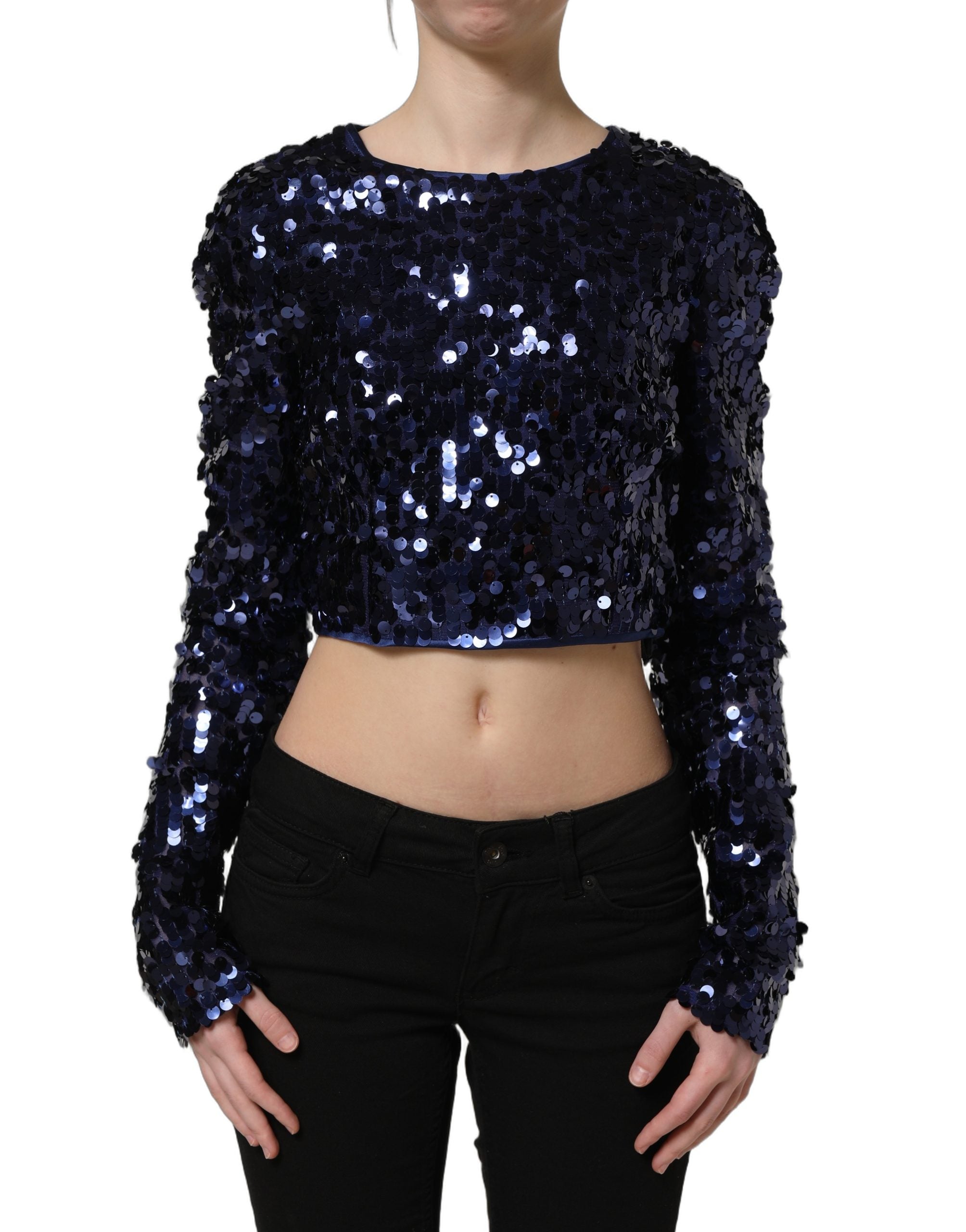 Dolce & Gabbana Blue Sequined Long Sleeves Crop Blouse Women's Top
