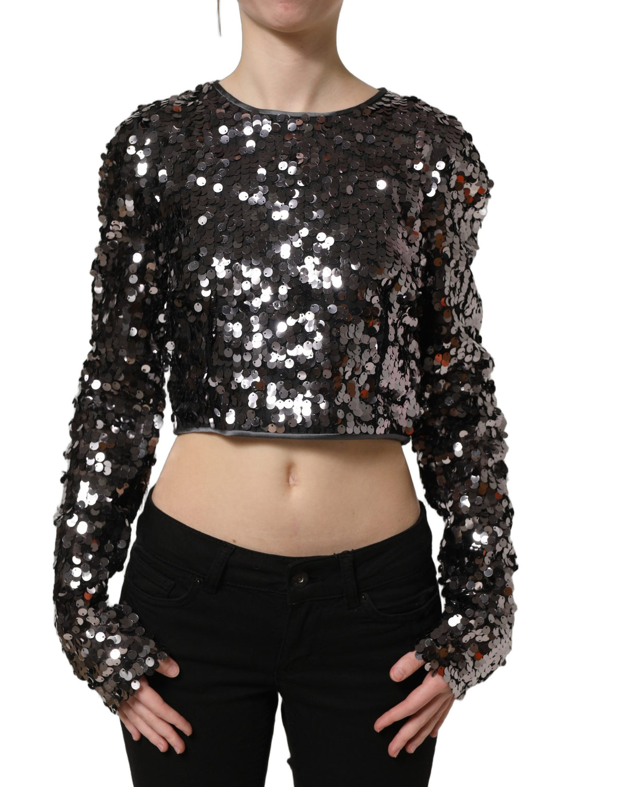 Dolce & Gabbana Black Sequined Long Sleeves Crop Blouse Women's Top