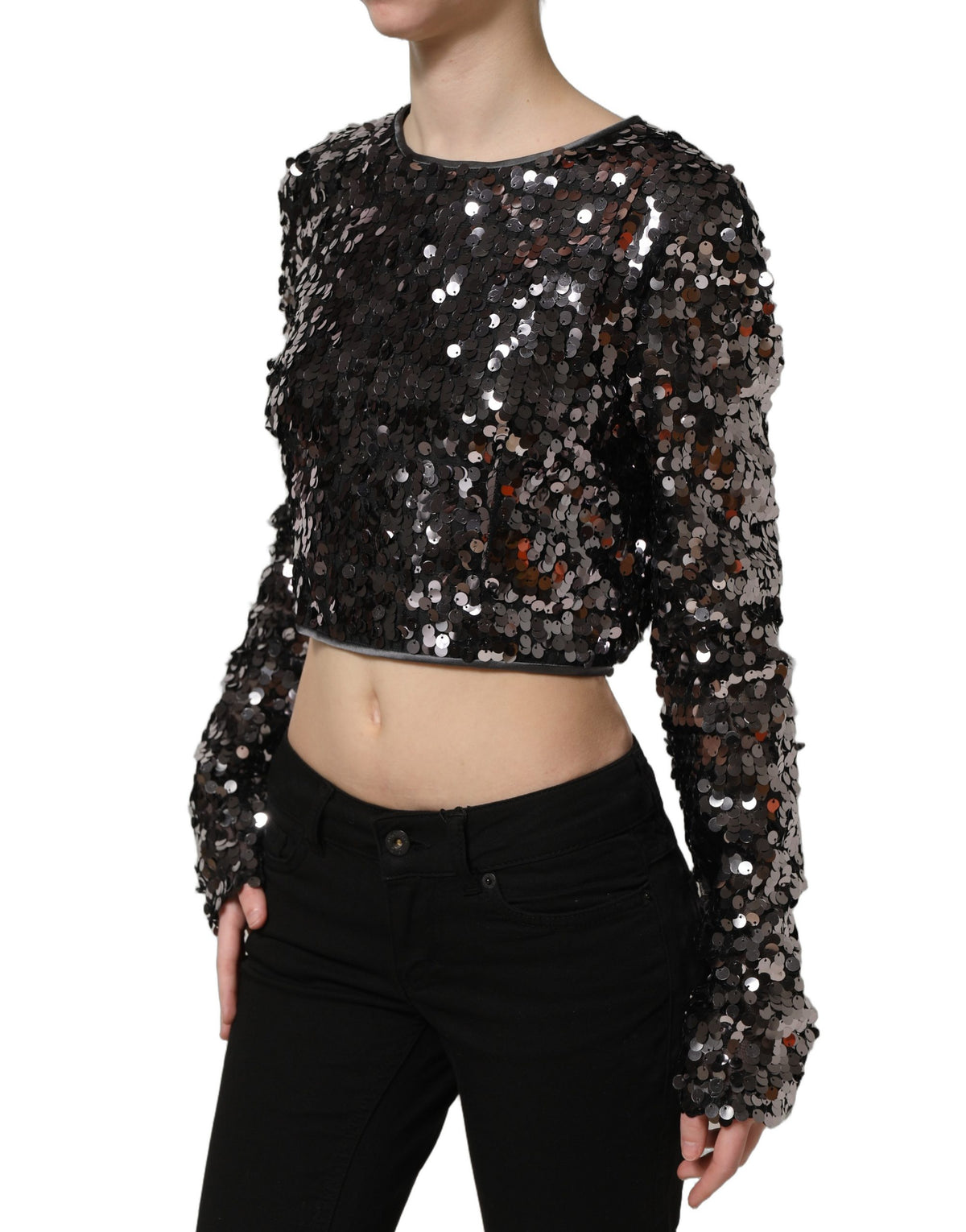 Dolce & Gabbana Black Sequined Long Sleeves Crop Blouse Women's Top