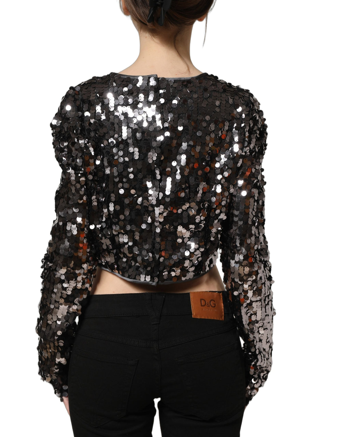 Dolce & Gabbana Black Sequined Long Sleeves Crop Blouse Women's Top