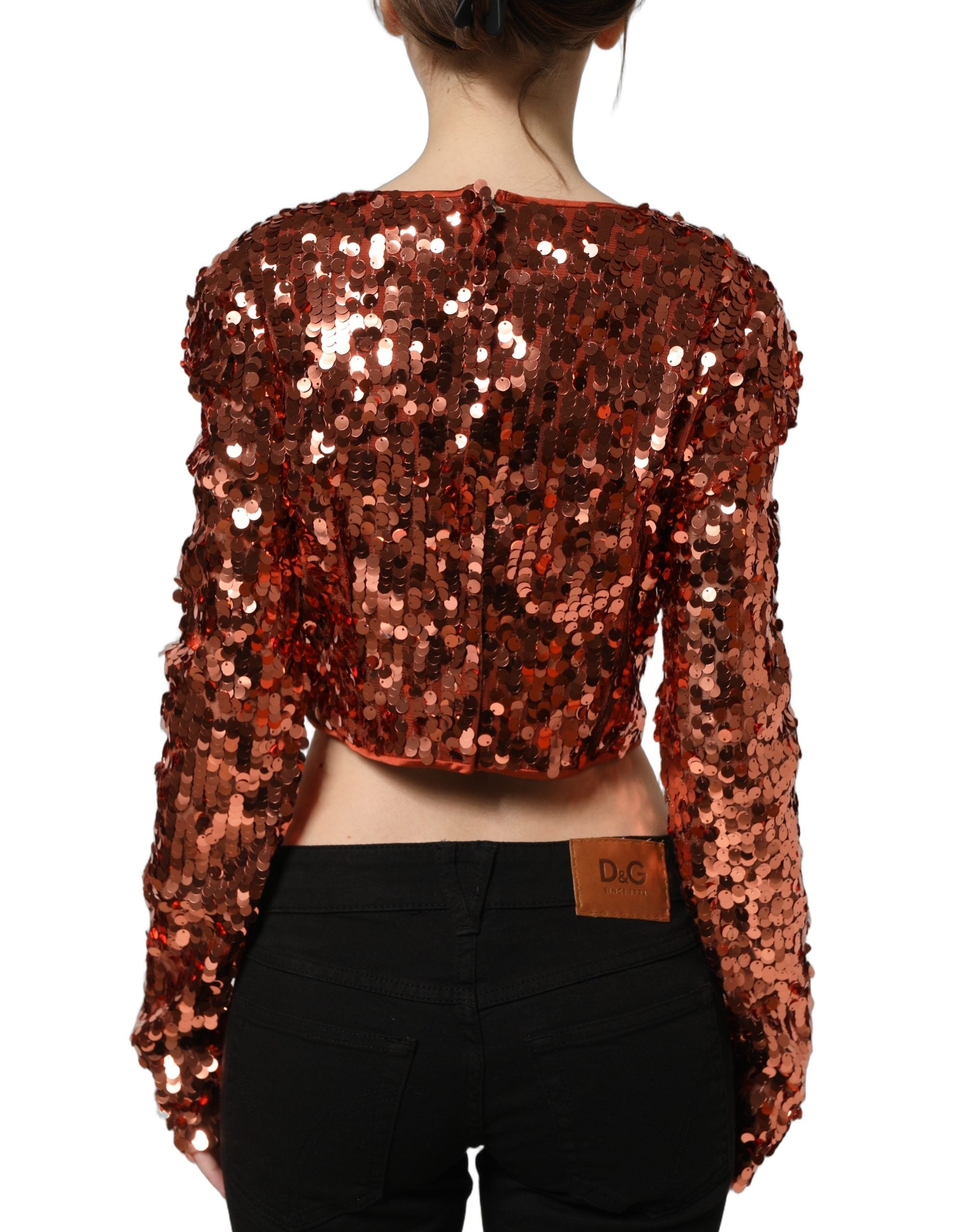 Dolce & Gabbana Red Sequined Long Sleeves Crop Blouse Women's Top