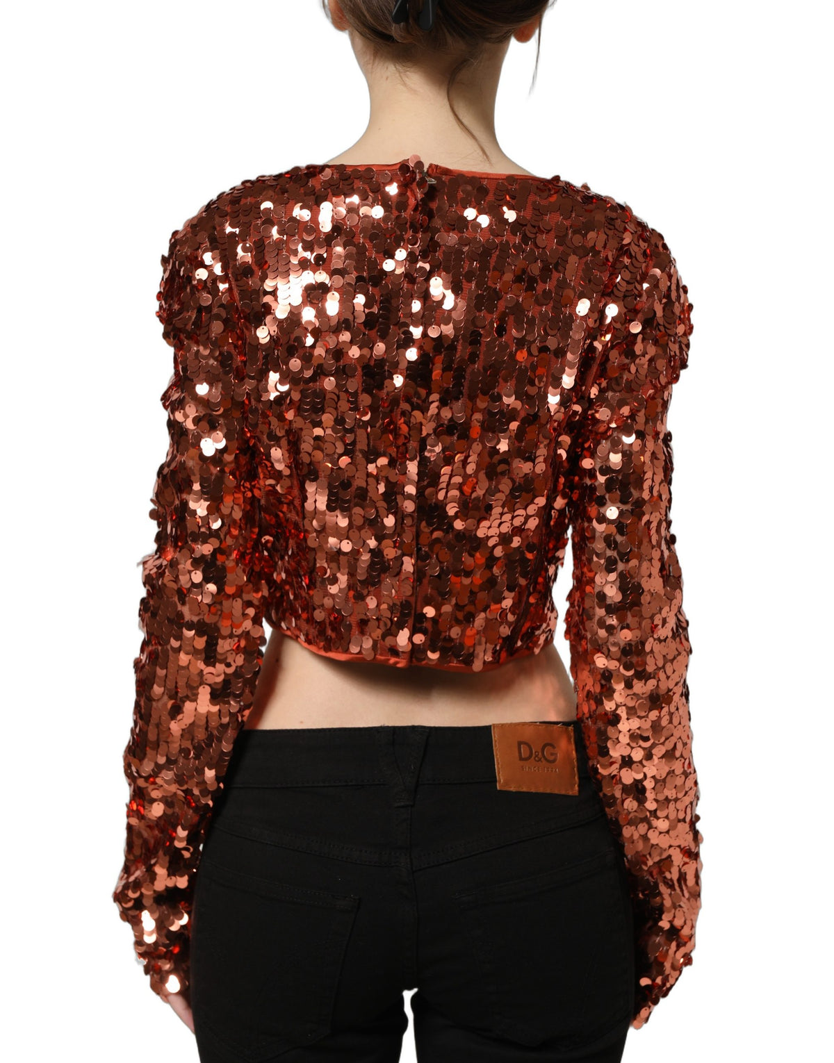 Dolce & Gabbana Red Sequined Long Sleeves Crop Blouse Women's Top