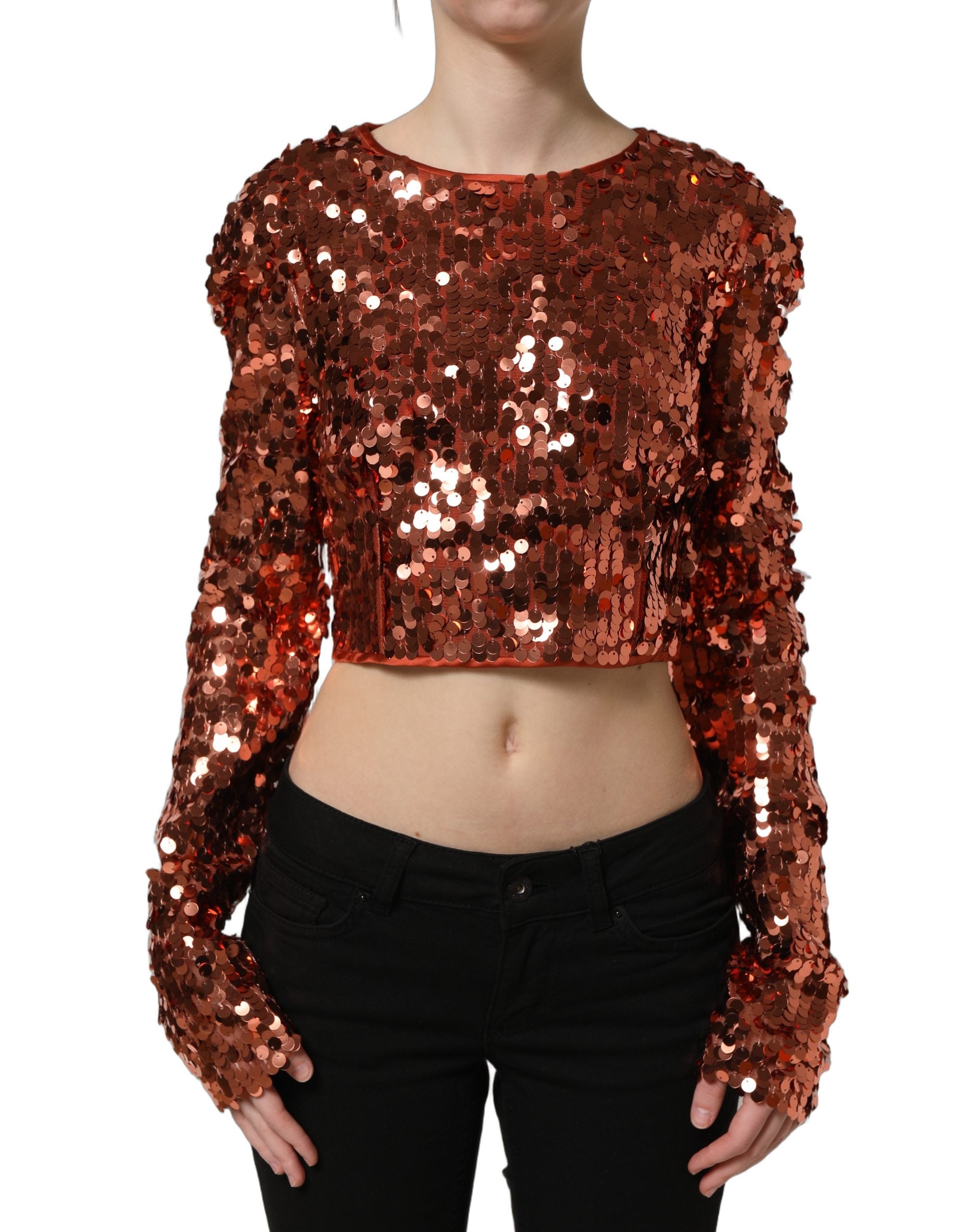 Dolce & Gabbana Red Sequined Long Sleeves Crop Blouse Women's Top